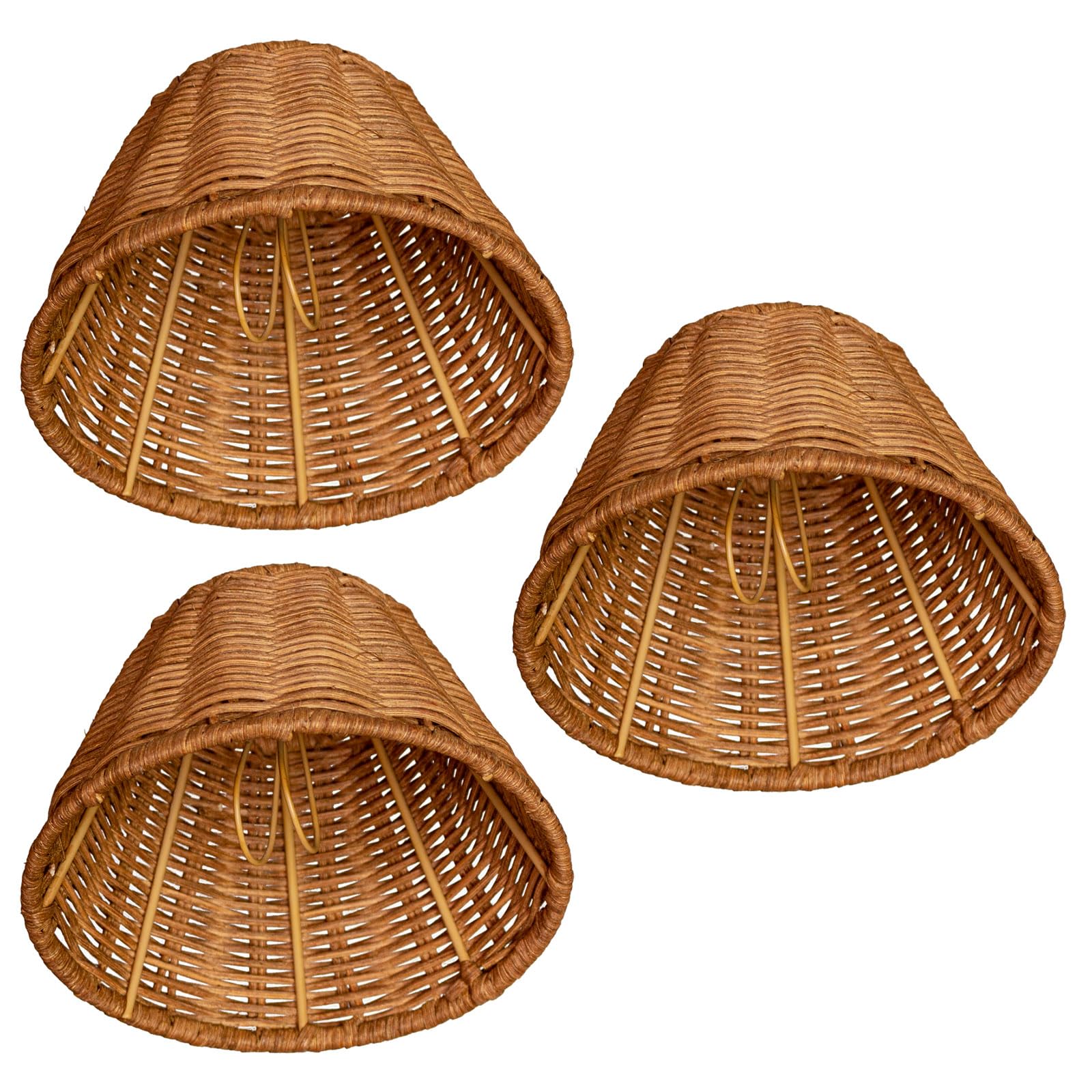 Osasy Brown Wall Lamp Shades Clip On,Wicker Lampshade Set Of 3 Lampshades For Candle Crystal Chandelier,Woven Rattan Small Tapered Chandelier Lampshade Bell,15.5 * 8 * 9.5 (Cm)