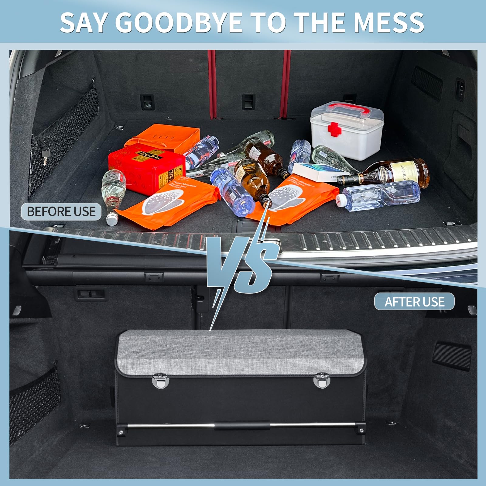 XCF SUV Trunk Organizer, Collapsible Car Trunk Organizer with Lid and Sturdy Handle Car Trunk Leather Storage Box SVU Cargo Storage (Grey, 27.1 x 11.4 x 12.2in)