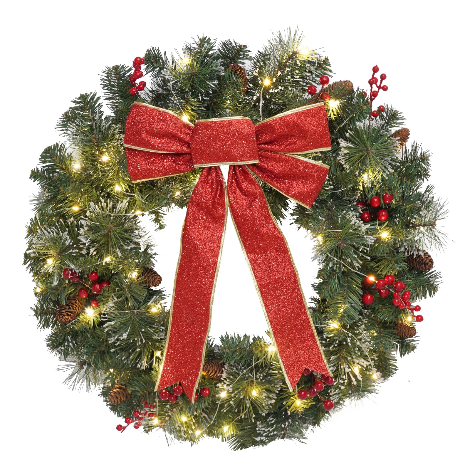 Christmas Wreath Front Door Wreath - 24 Inch Pre-Lit Outdoor Wreath for Front Door Battery Operated 55 White Lights Bulbs Christmas Decoration Christmas Wall Wreath Outside DiliComing