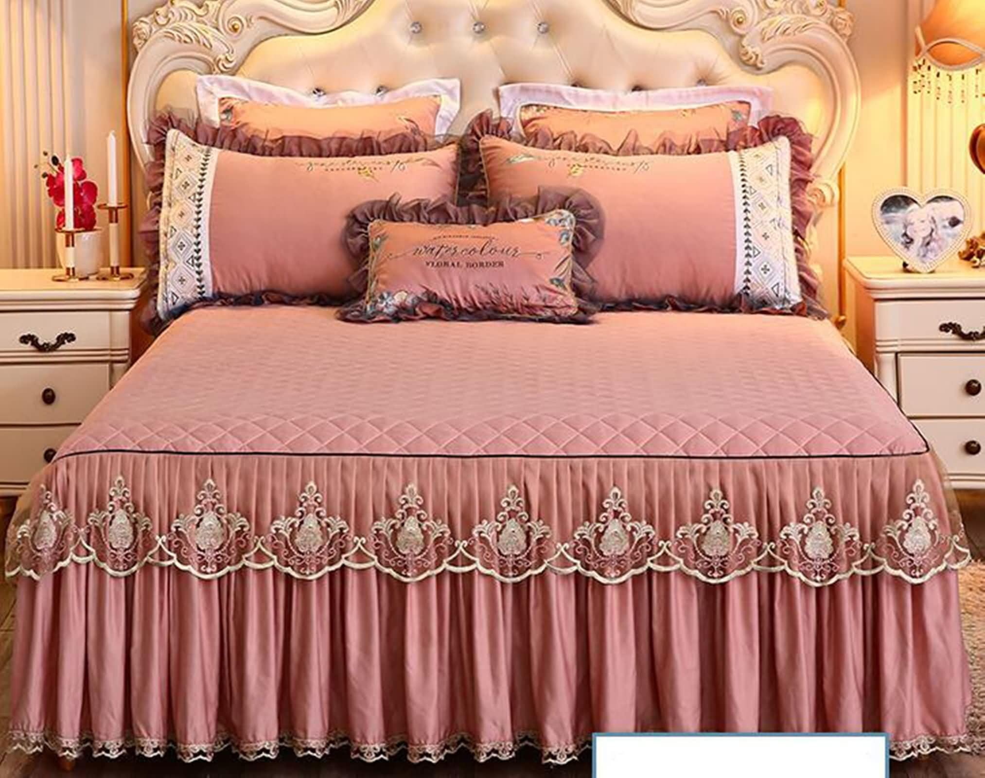 Bajera Cama,150 x 200 CM,Colcha Cama Queen Poliéster Algodón Patrón de Encaje Bordado con Color Sólido Bajera Ajustable Rosa