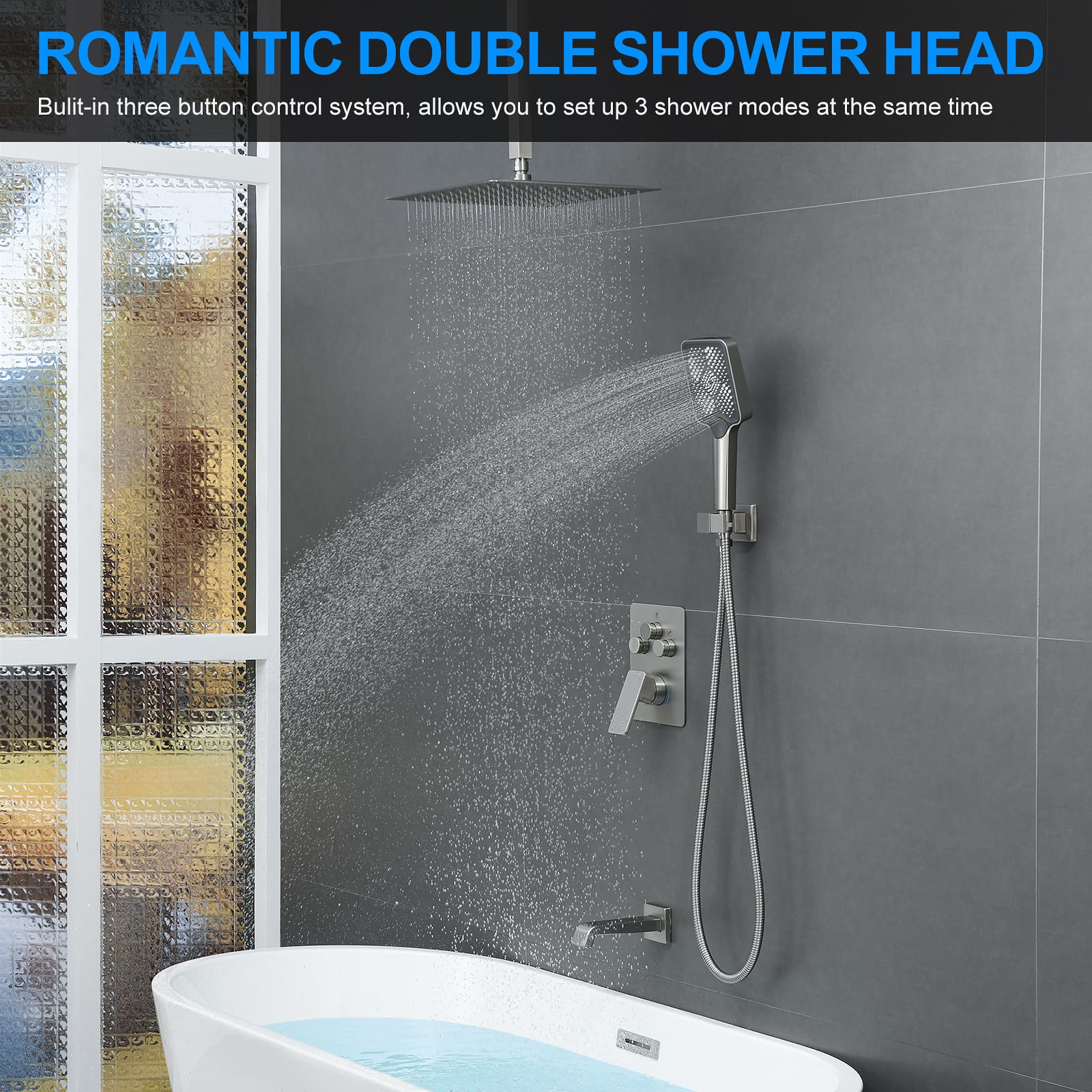 Ducha rectangular de mano con manguera, oro cepillado