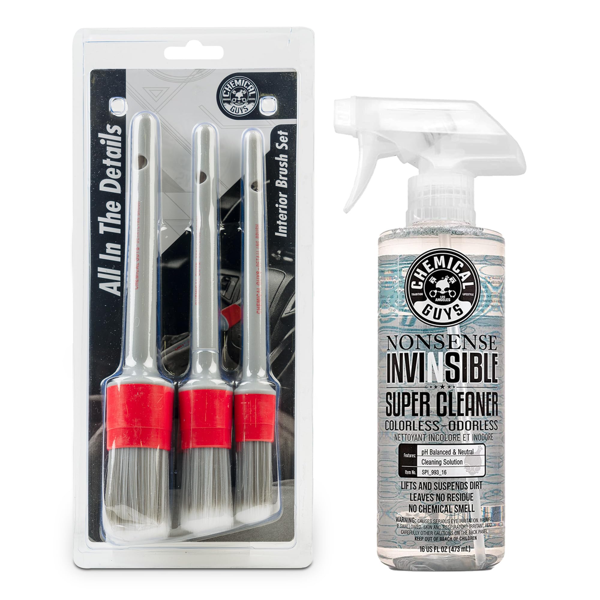 Chemical Guys Car Cleaning and Detailing Brush Set with Invinsible No-Nonsense Surface Cleaner