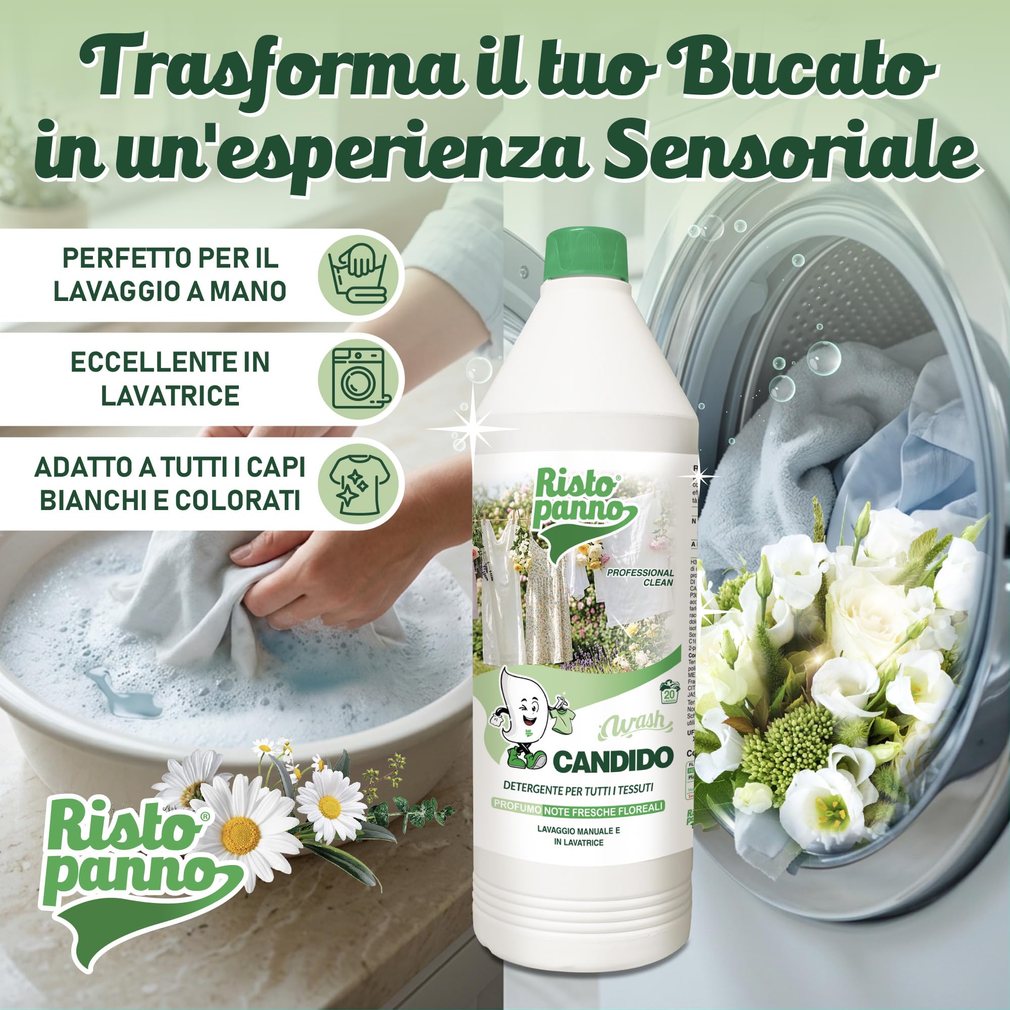 6 PZ x 1L Detergente Enzimatico Concentrato per Bianchi e Colorati - Fragranza Floreale - Detersivo Lavatrice Liquido Bucato a Mano e Lavatrice - Azione Sinergica 4 Enzimi (WASH CANDIDO)