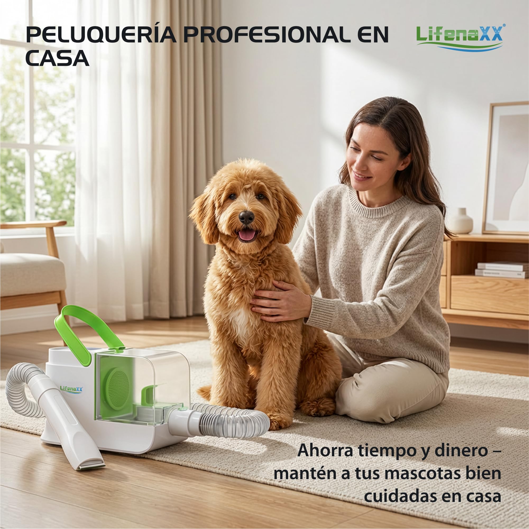 Lifenaxx Cortapelos para Mascotas 6 en 1 con Aspirador – Kit de Peluquería Silencioso para Perros y Gatos, Cortapelos Eléctrico con 6 Peines, Cepillo Desenredante, Cabezal de Masaje - LX-052