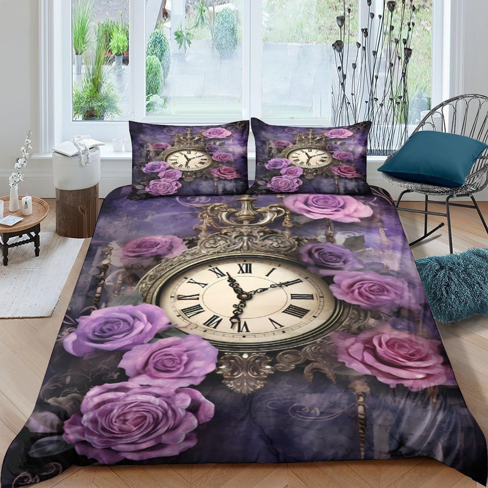 Ctjqhvkz Style-10 3D Printed Vintage Clock Fitted Sheet Microfiber Purple Rose Mattress Cover Non-Slip For Bedroom Guestroom Decor Single（135X200cm）