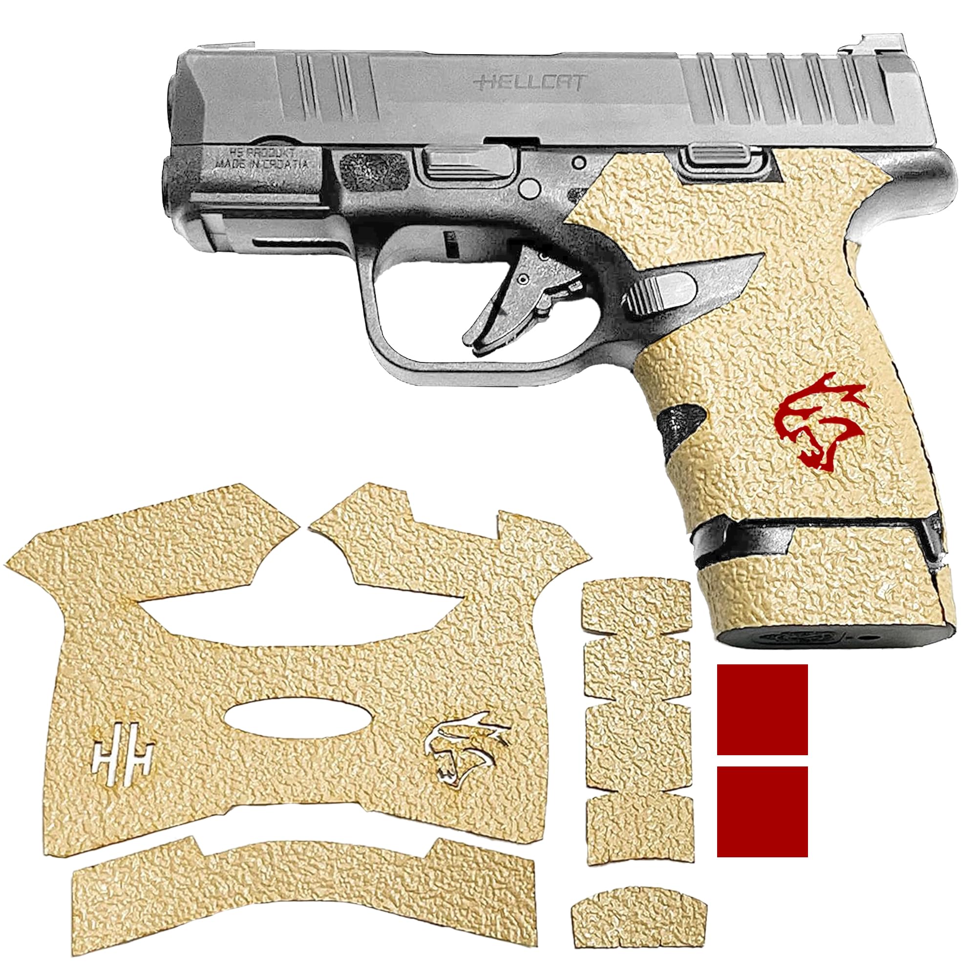 Handleitgrips Gun Grip Tape Compatible with Springfield Hellcat - Dessert Sand Textured Rubber Pistol Grip Tape with Red Insert & 13rd Magazine Grip, Gun Parts, Accessories, Veteran Owned, Made in USA