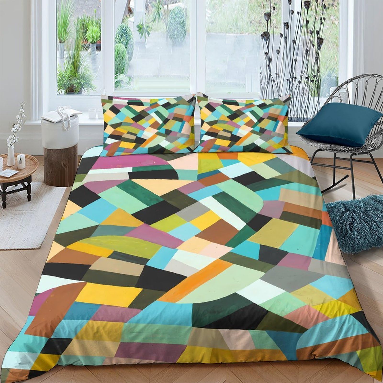 Ctjqhvkz Style-6 3D Printed Geometric Patchwork Fitted Sheet Microfiber Soft Color Blocks Bed Cover For Modern Bedroom Dorm Easy Care Single（135X200cm）