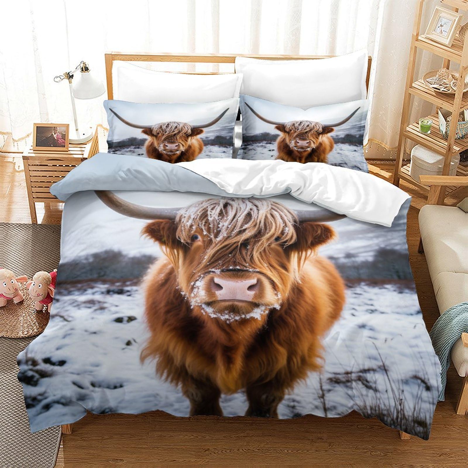 ZHUICHENG Highland Cattle Duvet Cover Bedding for Kids Teens Adult,Theme 3D Printed Cow Comforter Quilt Cover,Classical Record Decoration 3 Piece Bed Set with Pillowcases,Colorful Single（140x200cm）