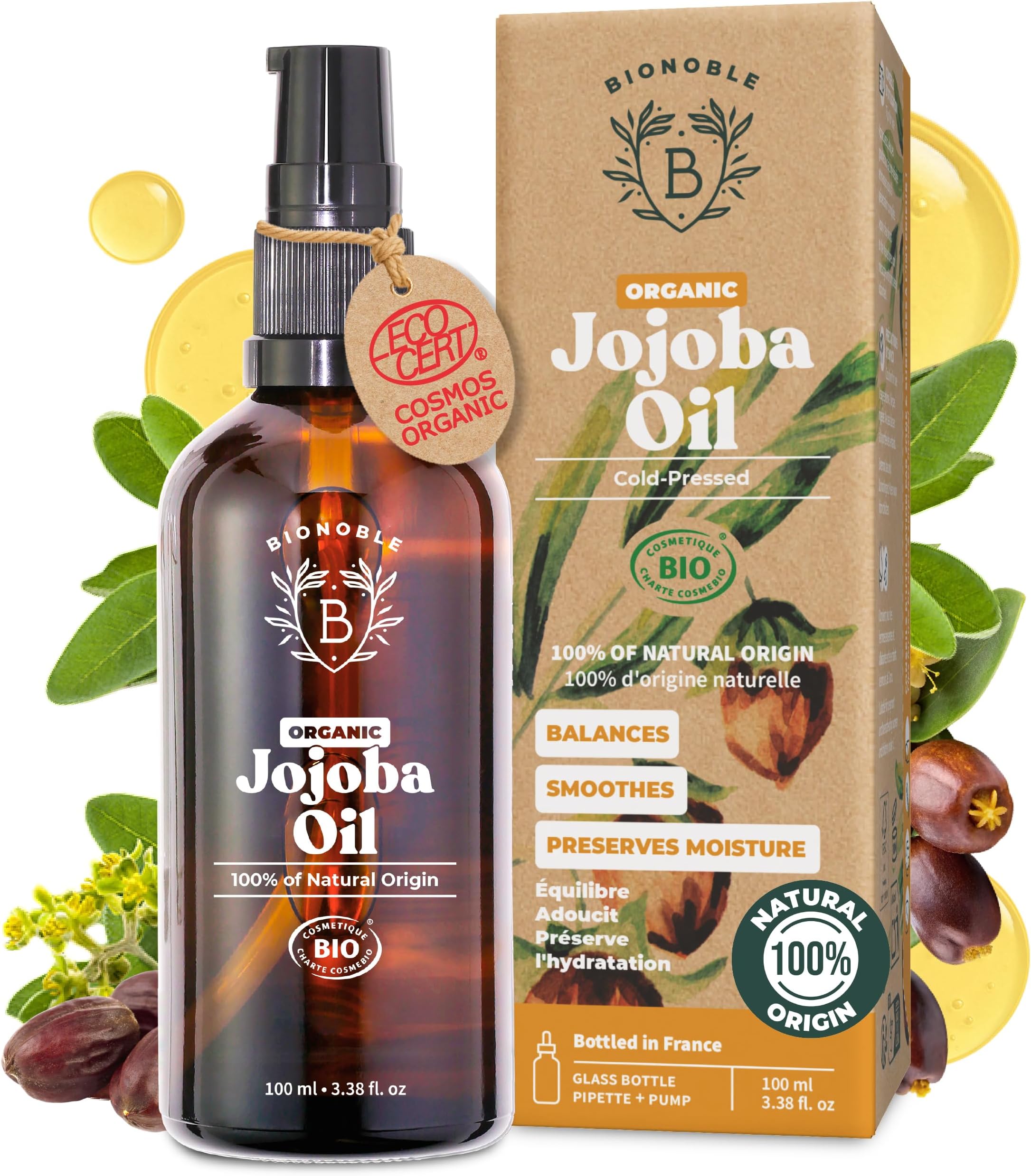 BIONOBLE Organic Jojoba Oil Cold Pressed Unrefined - Balances Sebum, Smoothes, Anti-Acne - 100% Pure Jojoba Oil for Skin, Face, Hair, Body - Vegan, Hexane Free - Glass Bottle, Pipette and Pump - 100ml