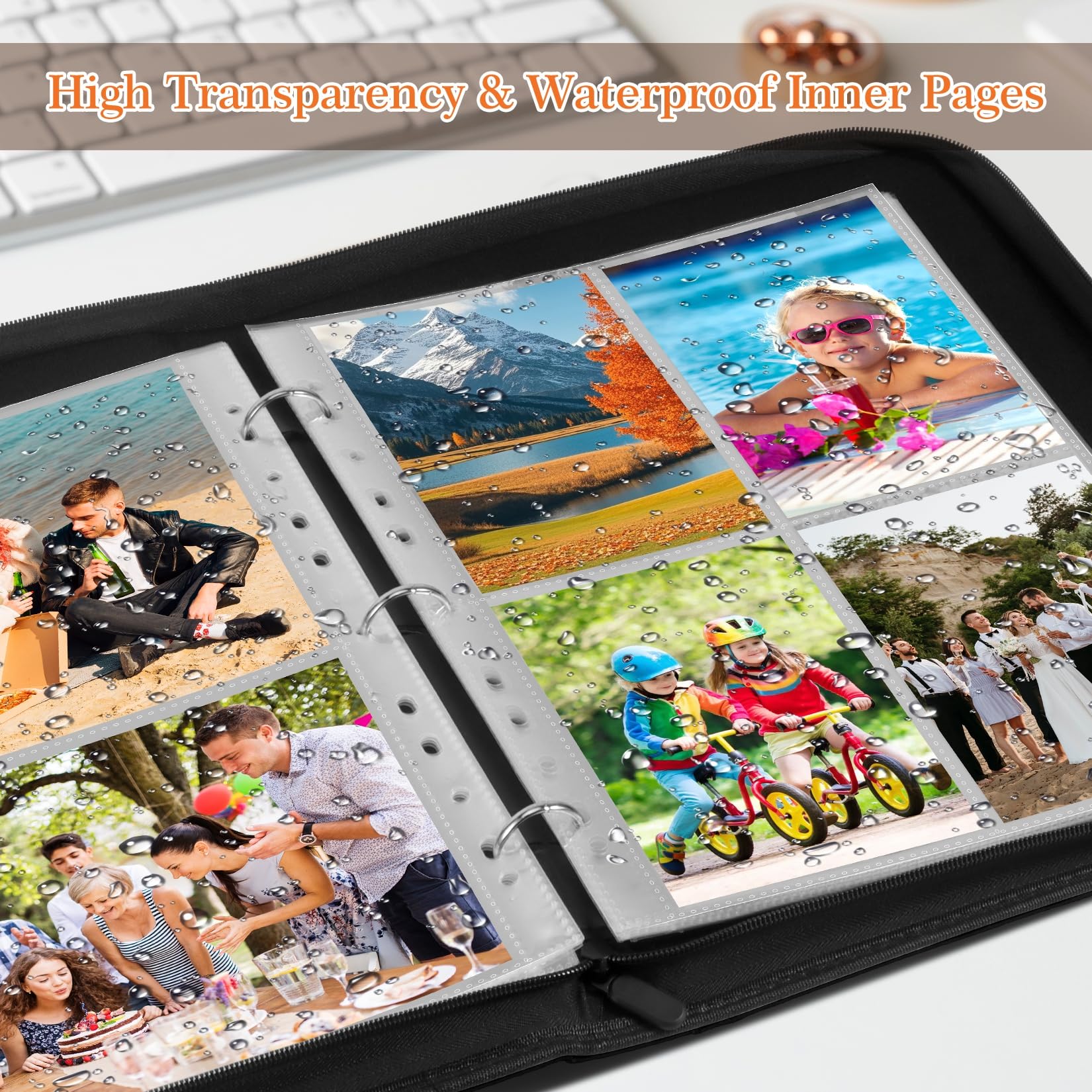 Álbum de Fotos A4 de Cuero PU con Fundas Transparentes Extraíbles - 30 Páginas (Tres Tipos de Bolsillos, Doble Cara) + Cremallera Impermeable - Para Fotos, Recuerdos de Bebé y Documentos (Negro)