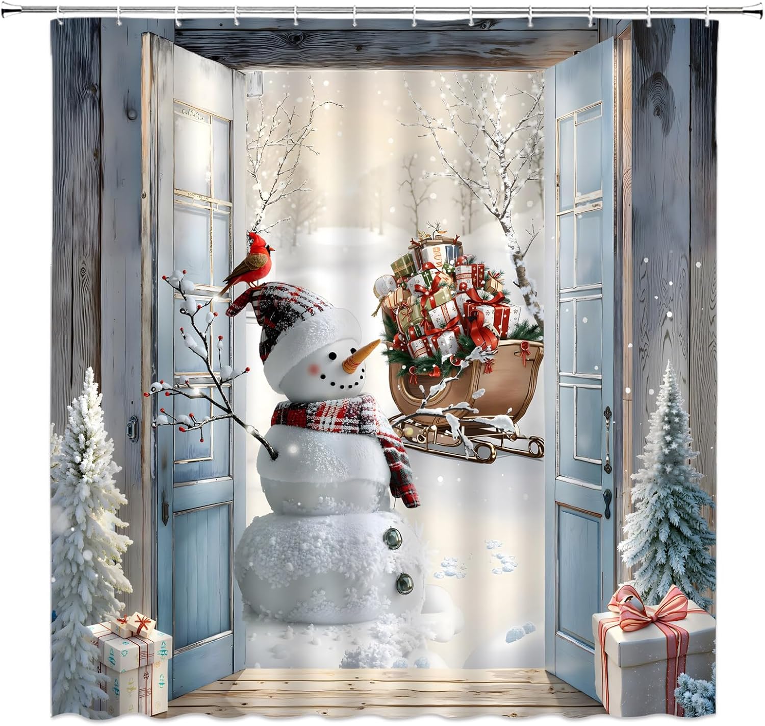 Christmas Snowman Shower Curtain Winter Barn Door Xmas Pine Trees Forest Snowflake Holiday Vintage 70" Wx78 H Fabric Bathroom Decor Curtain with Hooks