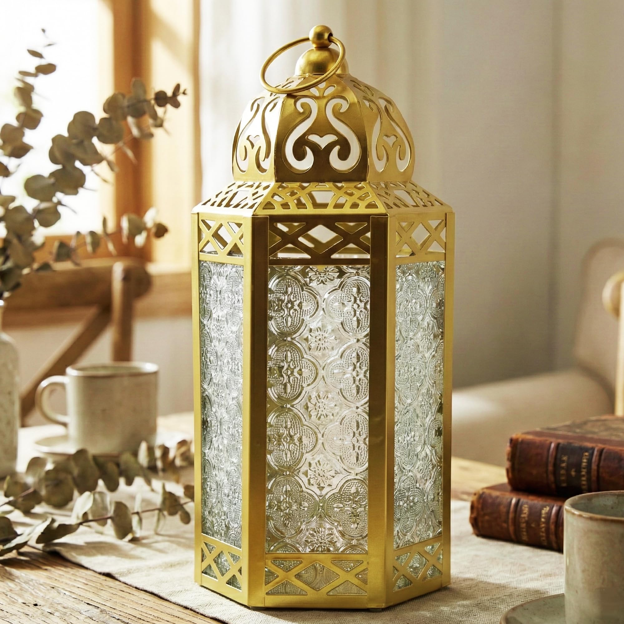 Vela Lanterns Gold Metal Decorative Moroccan Lantern Candle Holder Lamp For Indoor Or Outdoor Home Decor, Large