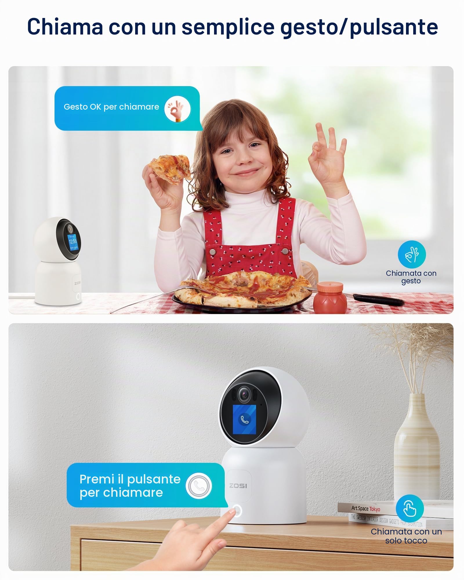 ZOSI 4K Telecamera WiFi Interna, 8MP Videocamera a 2,4/5GHz con 1,44" Monitor, Videochiamata con Tacco o Gesto OK, Pan 360°/Tilt 90°, Rilevamento di Persone con Auto-Tracking, C519