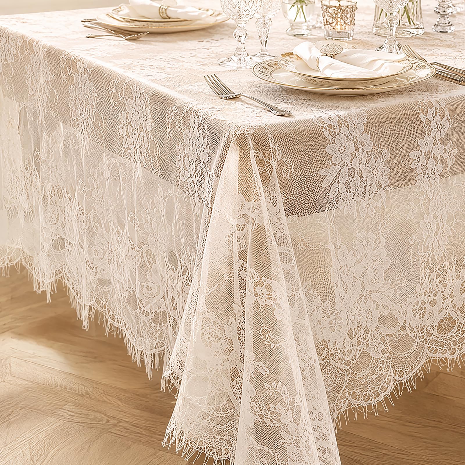 KIPTVO Lace Tablecloth, Rectangular Cotton Table Cover for Party Wedding