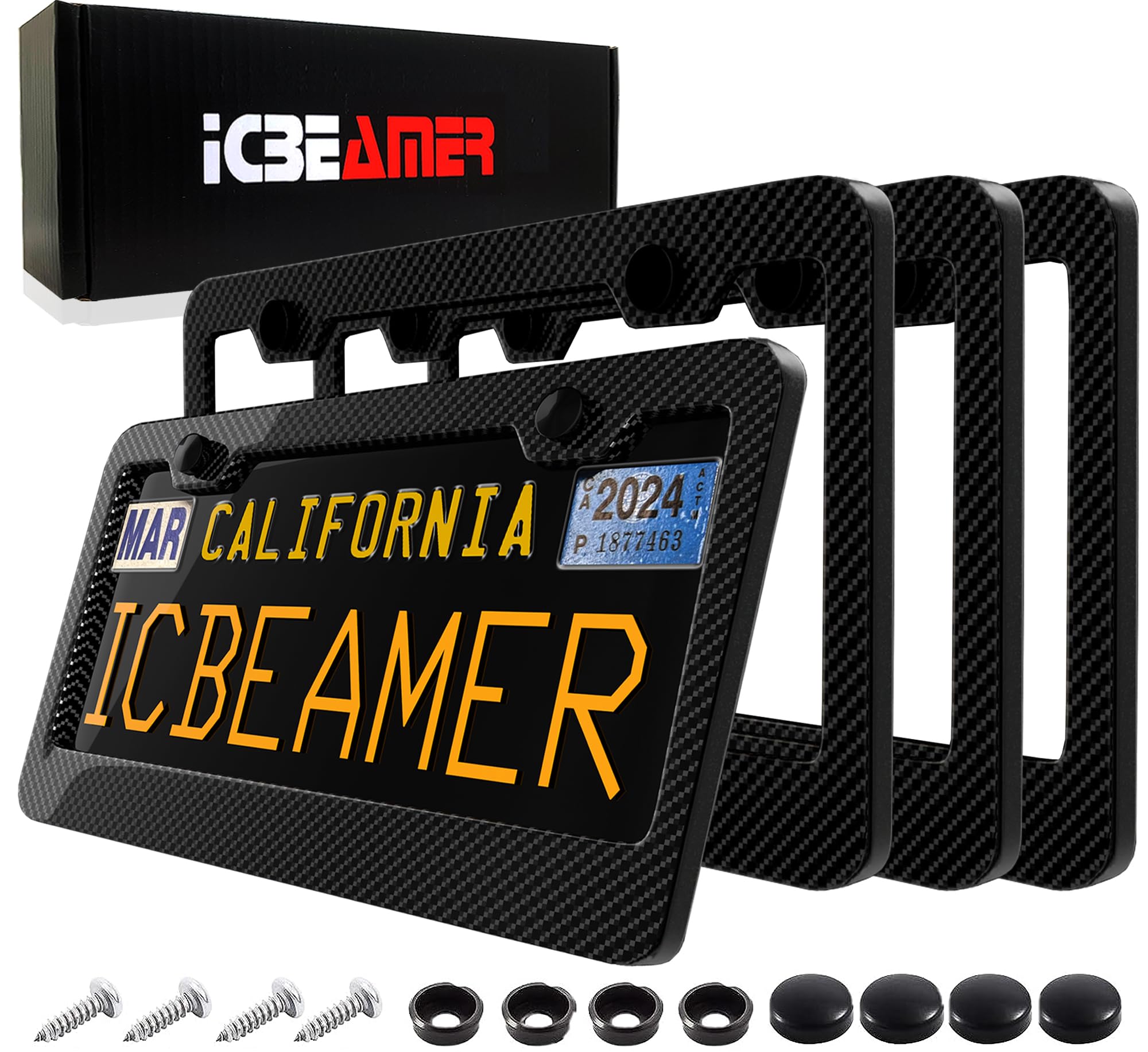 ICBEAMER Black Carbon Fiber License Plate Frames, 2 Pre-Drilled Screw Holes with Install Kit, Universal Fit, Car Wash Safe, Weatherproof, 4 Pieces