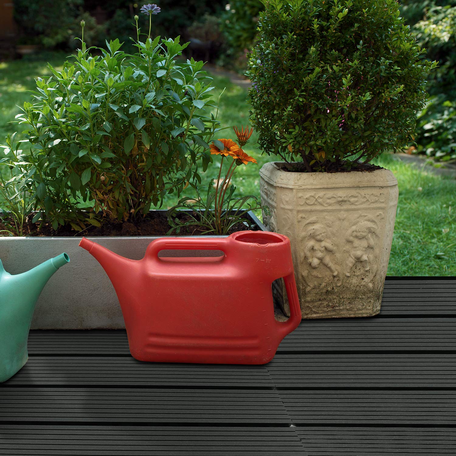 EINFEBEN Piastrelle in WPC, 30 x 30 cm, set da 11 per 1 m², effetto legno, per giardino, balcone, pavimento con drenaggio e sistema a click, piastrelle in legno color antracite