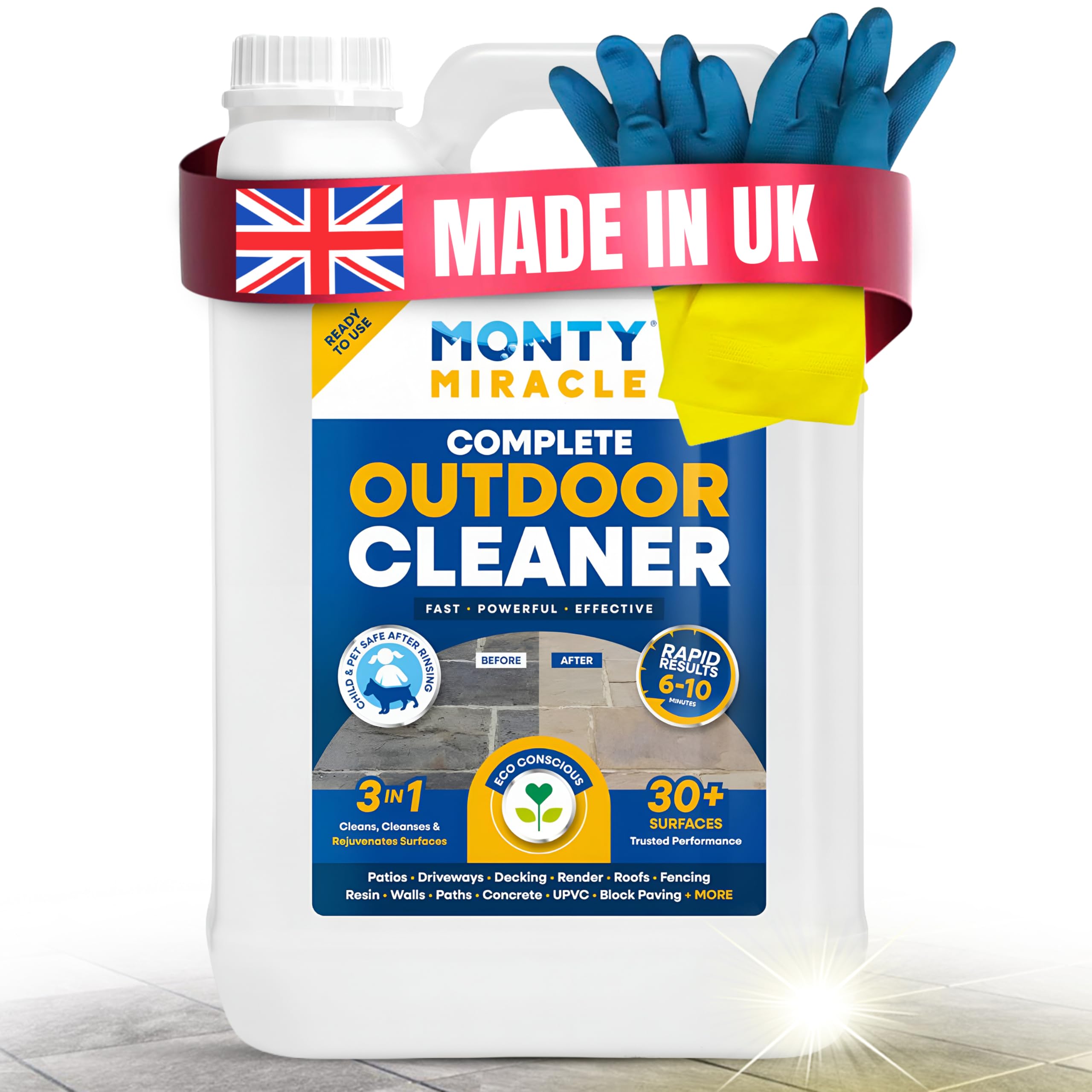 Monty Miracle® Outdoor Cleaner, 5 Litre. Clean & Rejuvenate your Patio, Decking, Fencing, Paths, Driveway, Render & More - Results in 6-10 Minutes! Slip free (5L + Monty Approved Gloves)