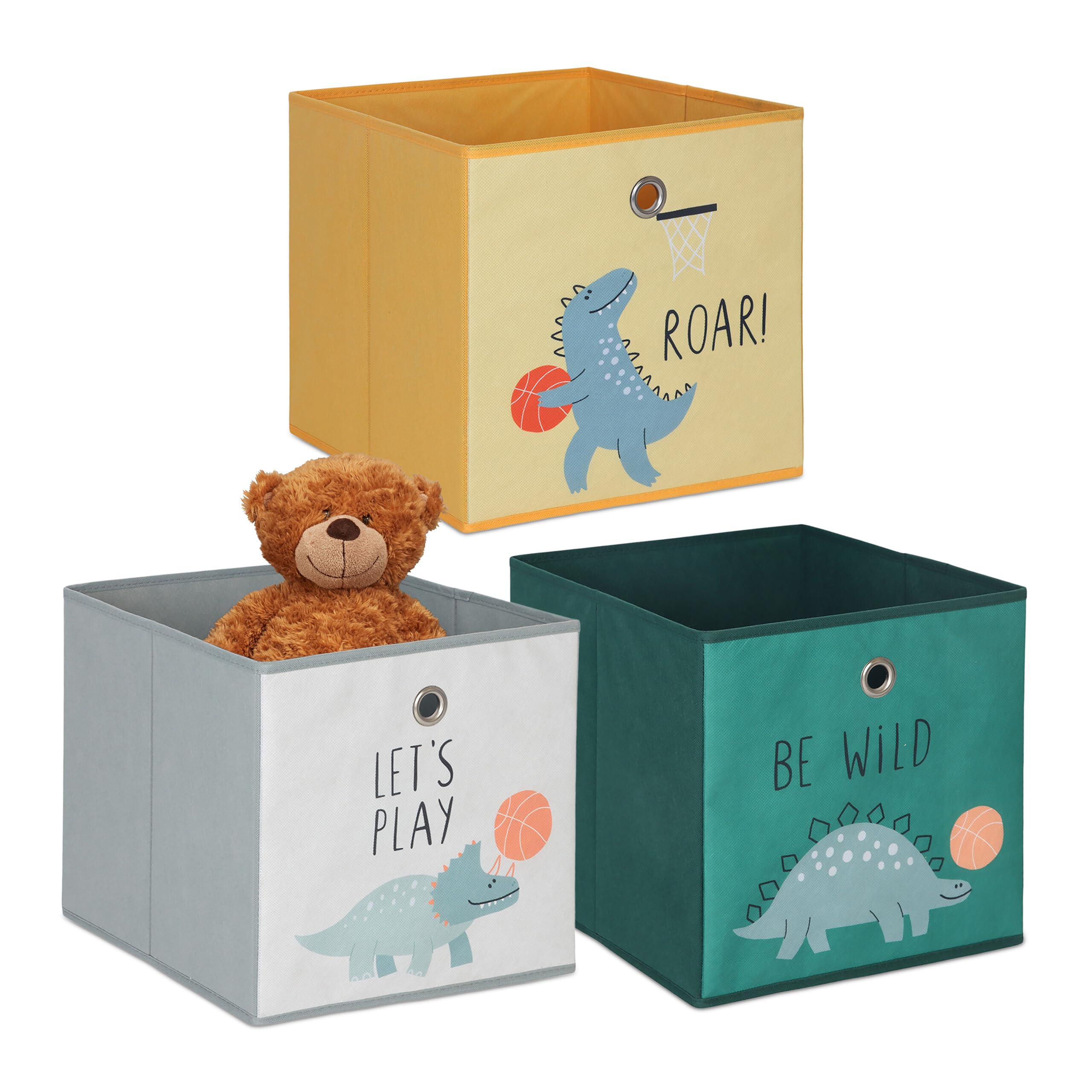 Relaxdays Set 3 Scatole per Bambini, Motivo Dinosauri, Pieghevoli per scaffali a cubo, HLP 30x30x30 cm, Tessuto colorato