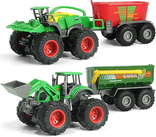 KARMOUNT Monster Farm Tractor, camiones monstruo accionados por fricción, cargador frontal de cuerpo de metal fundido a presión con remolque y