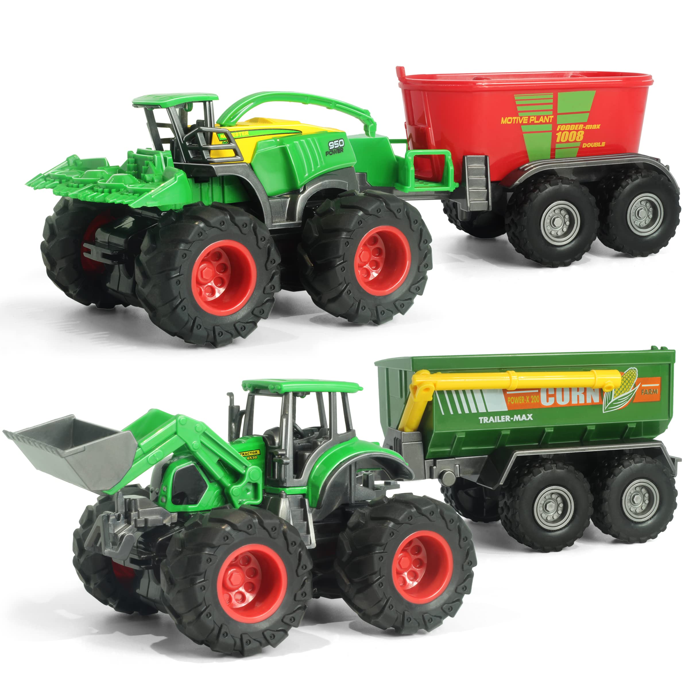 Diecast Farm Tractor with Trailer Toys, Metal Harvester with Front Loader, Friction Powered Play Vehicle Farm Trailer Tractor Toys for 3 year olds