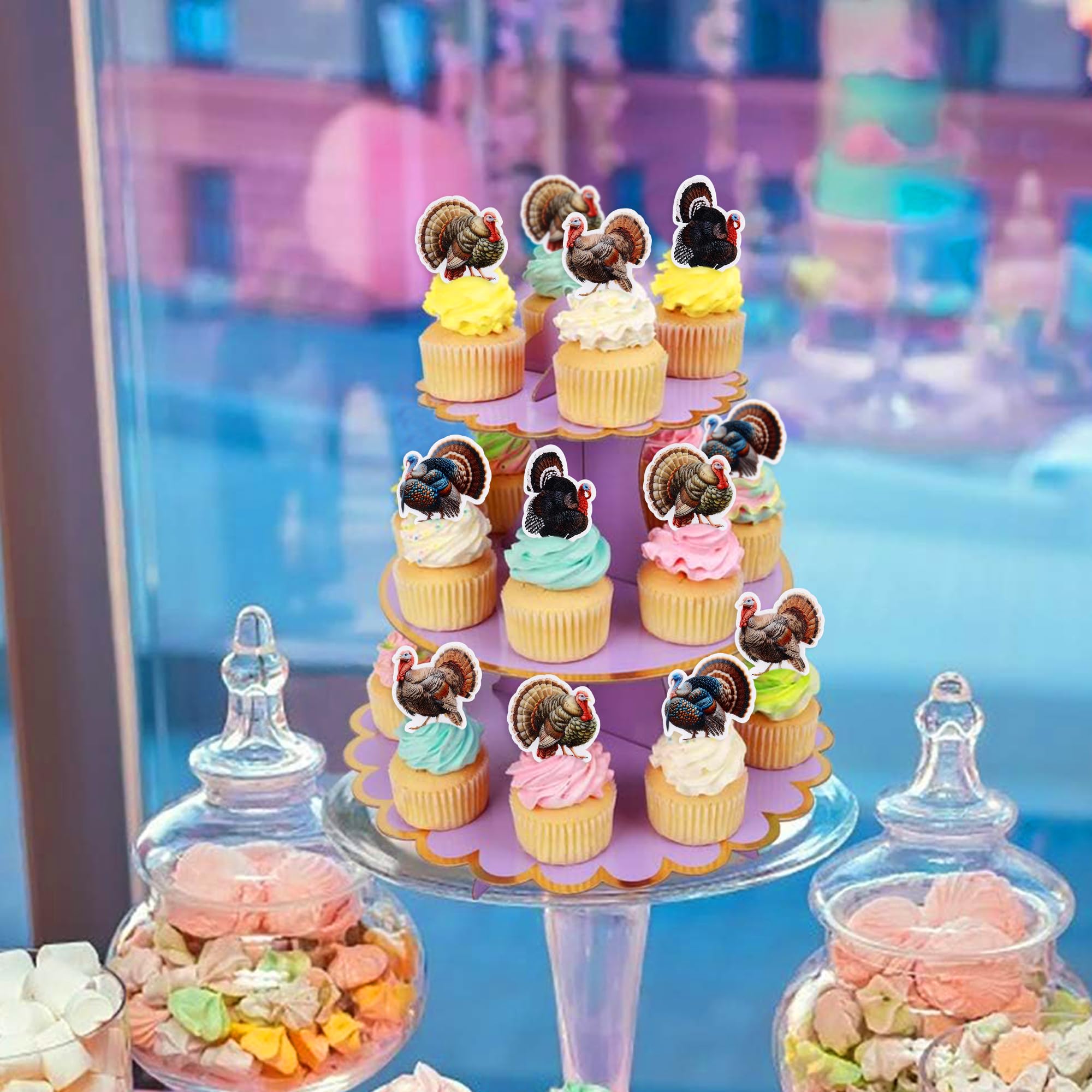 Ercadio Confezione da 48 topper commestibili per cupcake del Ringraziamento, decorazioni per torte di tacchino per feste a tema Happy Thanksgiving Day