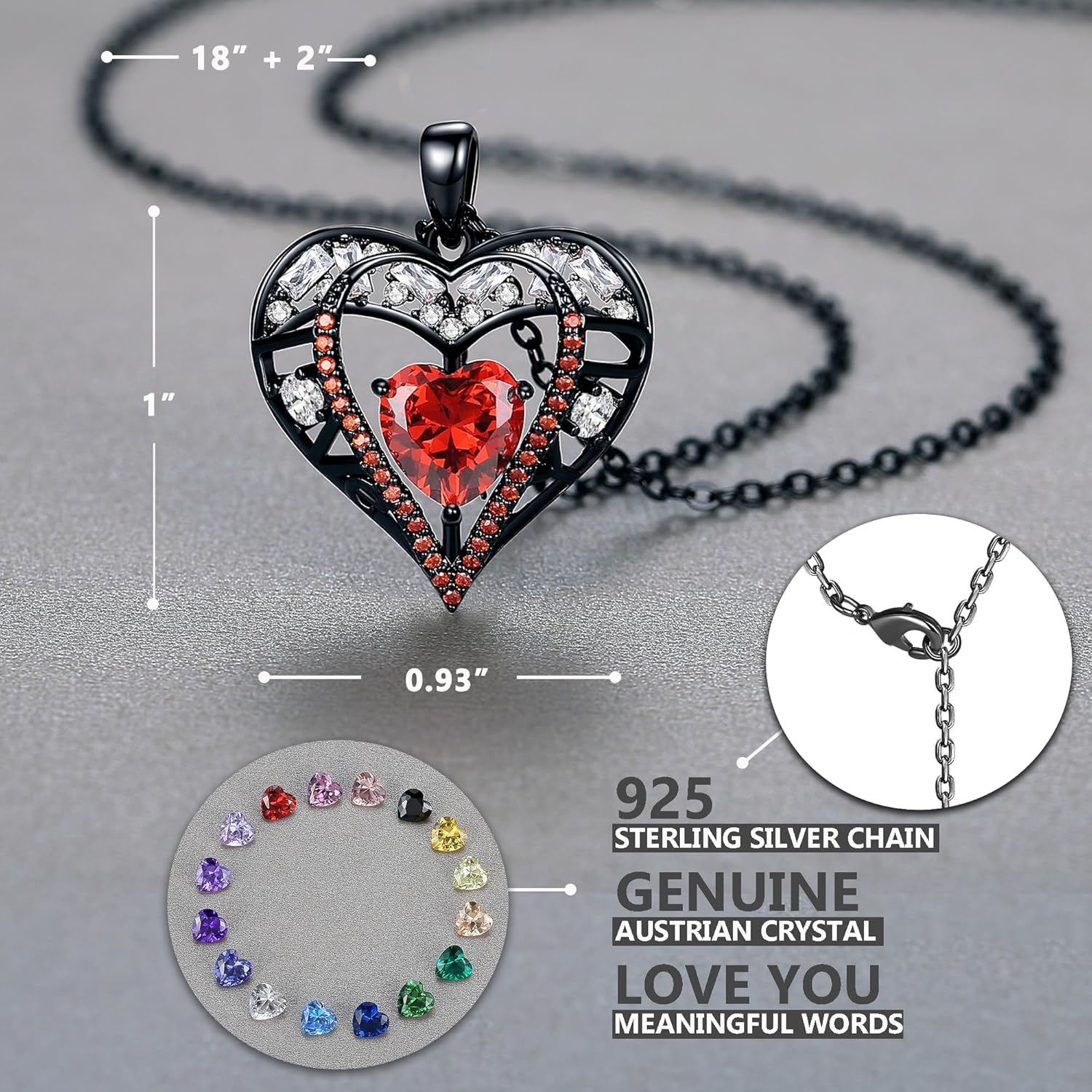 5 Heart Crystal Necklace 18K Rose Gold Plated - Pendant with 18”+2” 925 Sterling Silver Chain - Birthstone Jewelry for Women and Girls - Gift for Birthday, Christmas - Image 3