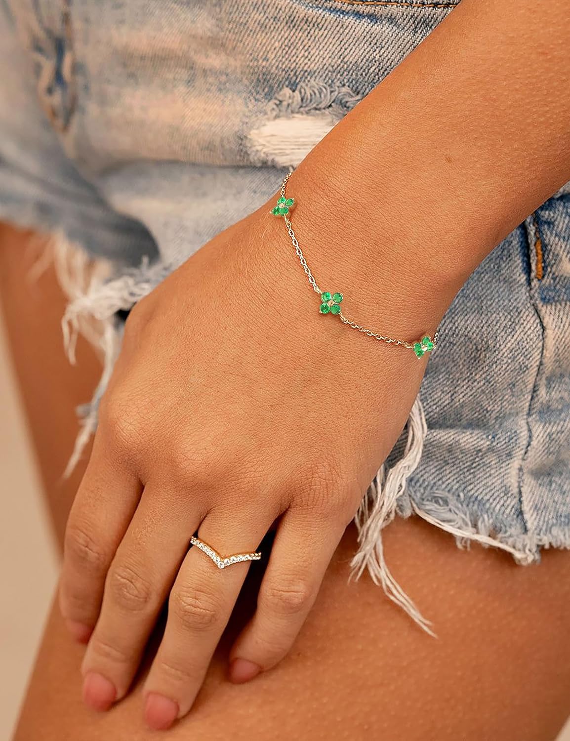 Valentines Day Birthstone Gold Bracelets for Women Non Tarnish 14K Gold Plated Clover Dainty Bracelet Stack Stackable Cute Red Green Friendship Chain Bracelets for Mom Birthday Jewelry Gifts - Image 8