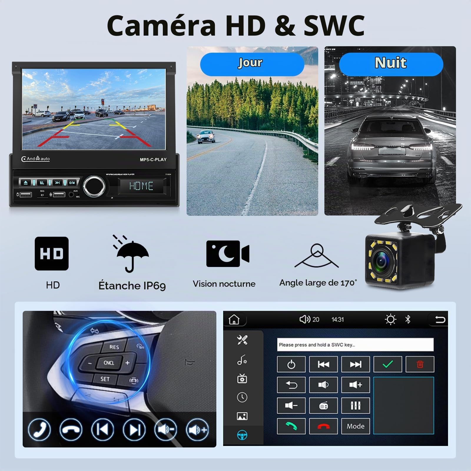 VECHTEL Autoradio 1 Din avec Carplay Android Auto sans Fil, Autoradio à Rétractable Électrique IPS HD Écran Tactile de 7 Pouces, Support Bluetooth Mirror Link FM 2USB/AUX Commandes au Volant Caméra