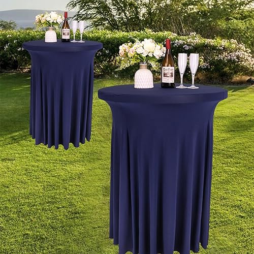 Miniatura 7 de Paquete de 6 manteles redondos de elastano de 32 x 43 pulgadas, lavables, elásticos, ajustables para bar alto, boda, fiesta, eventos (azul marino)
