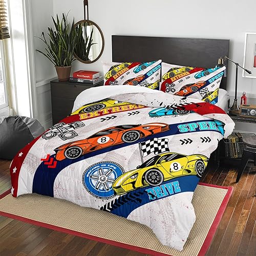 Miniatura 2 de AILONEN Juego de edredón de coche de carreras, tamaño matrimonial, juego de ropa de cama a cuadros para niños y niños, cama de auto de carreras de