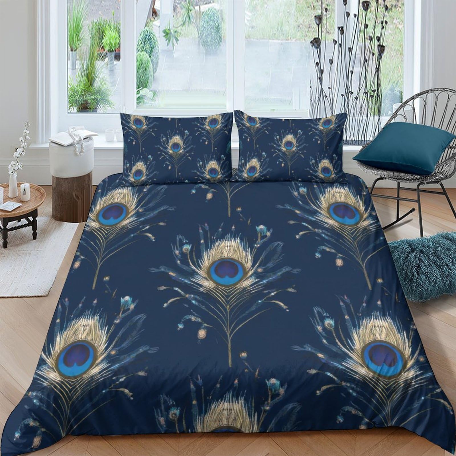 Ctjqhvkz Style-5 3D Printed Peacock Feather Fitted Sheet Microfiber Soft Blue Gold Mattress Cover Anti-Slip Machine Washable For Bedroom Home Decor Single（135X200cm）