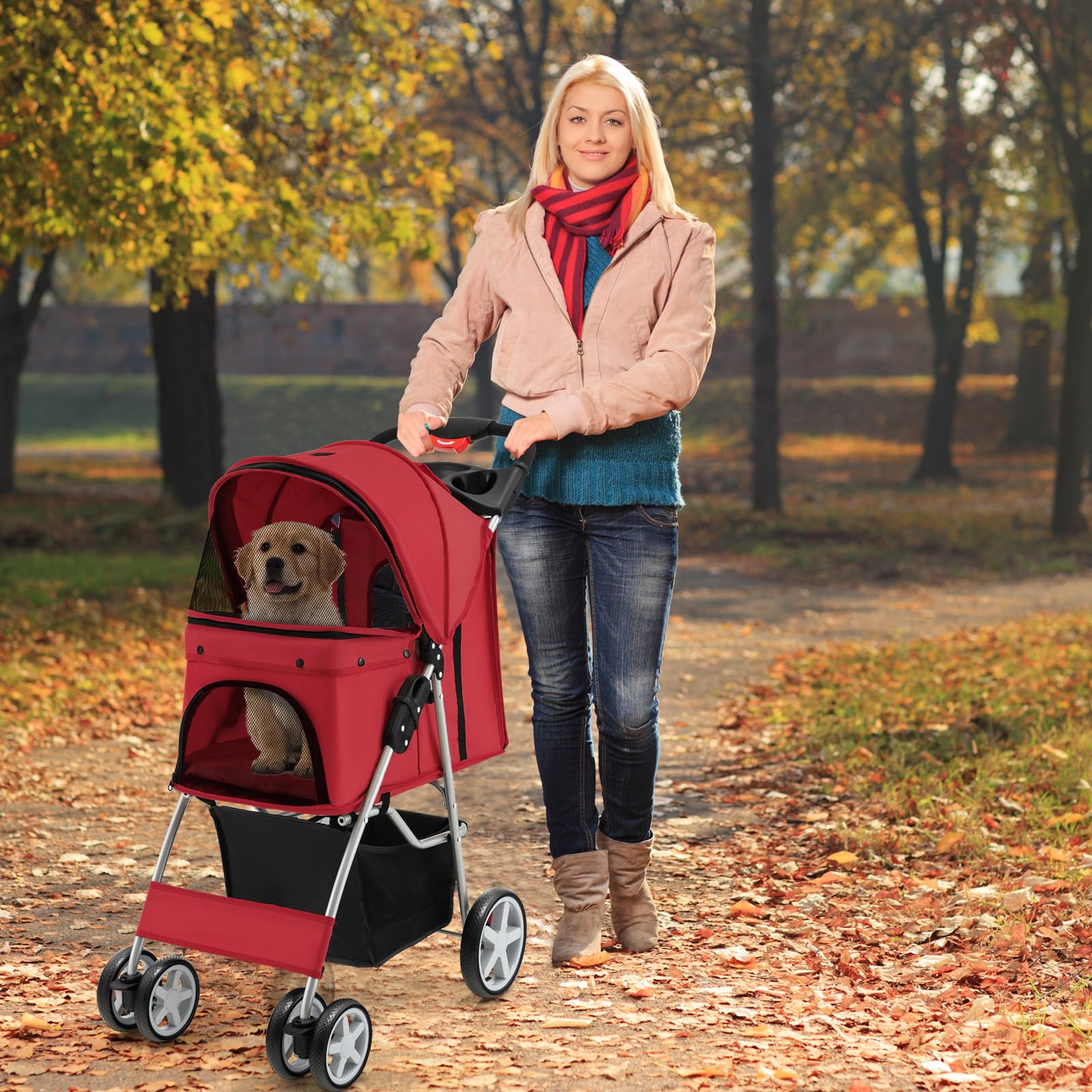 SOARS Passeggino per Cani e Gatti Pieghevole Fino 15 kg, Carrello per Animali Domestici, Trasportino Carrozzina Portatile da Viaggio e Passeggio con Tettuccio per Cuccioli, 87 x 46 x 102 cm (Rosso)