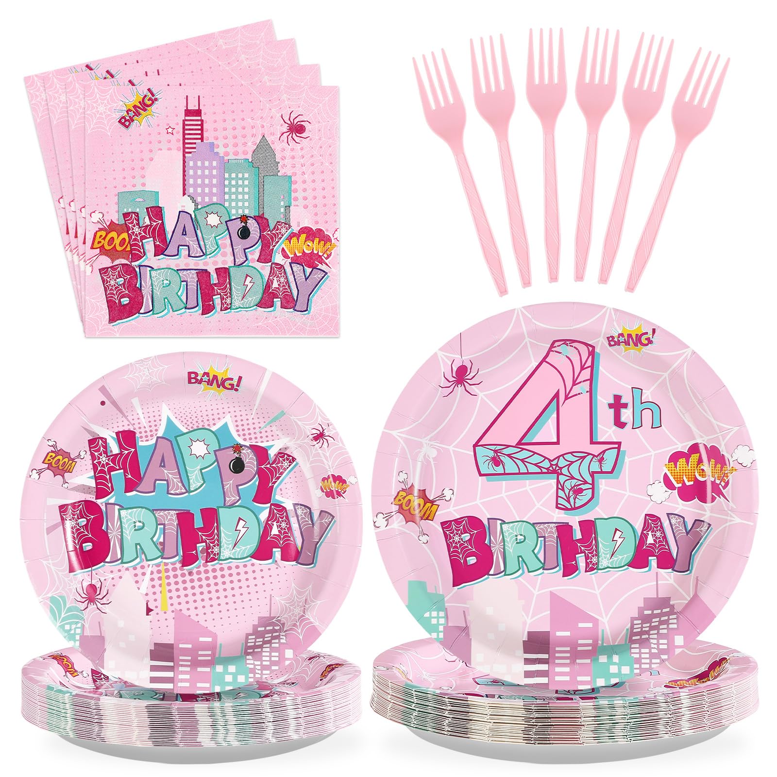 Grencian 96 Pcs Pink Spider Birthday Party Decorstions Serves 24