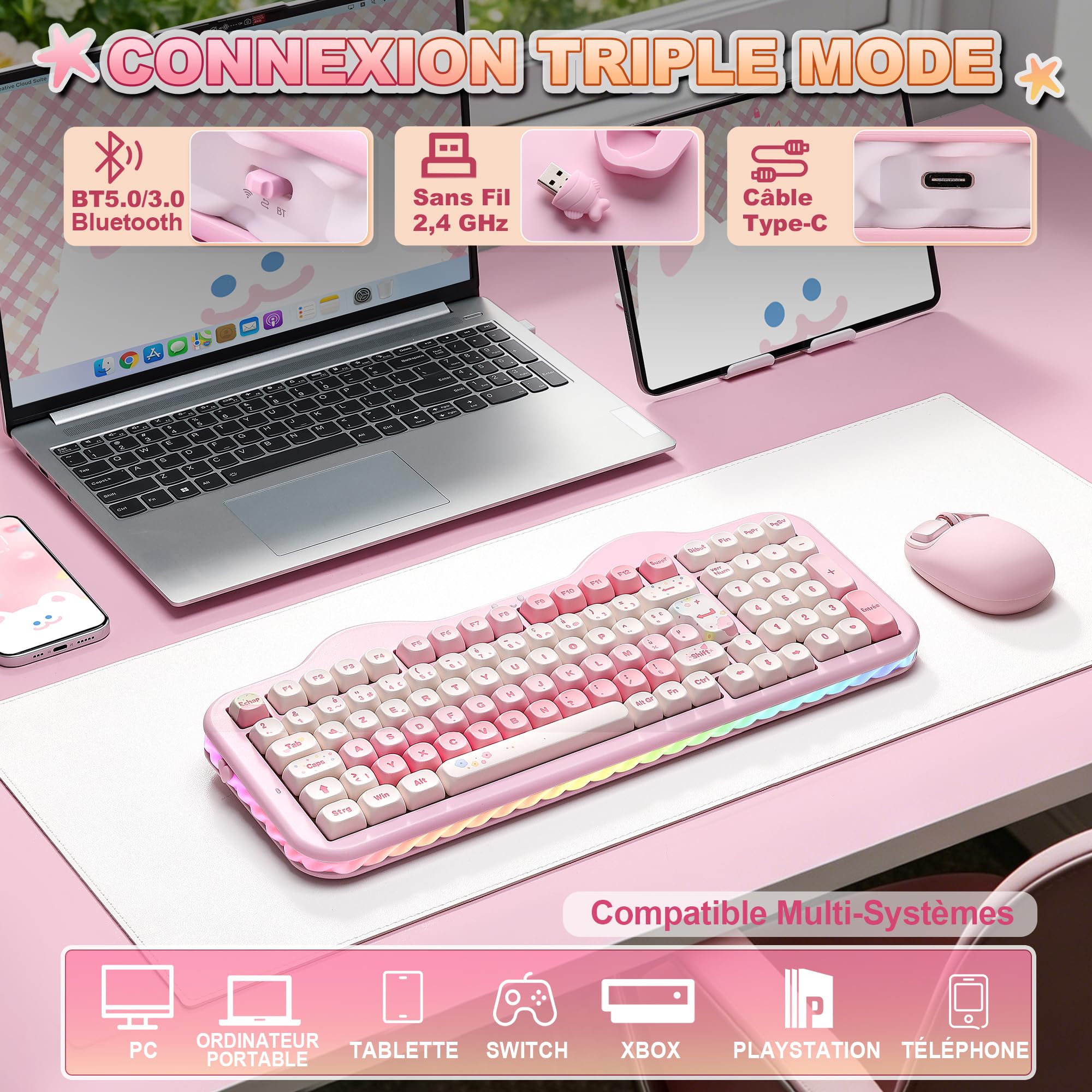 YUNZII C98 AZERTY Clavier Gamer Mécanique sans Fil Gâteaux (Rose, Milk V2)