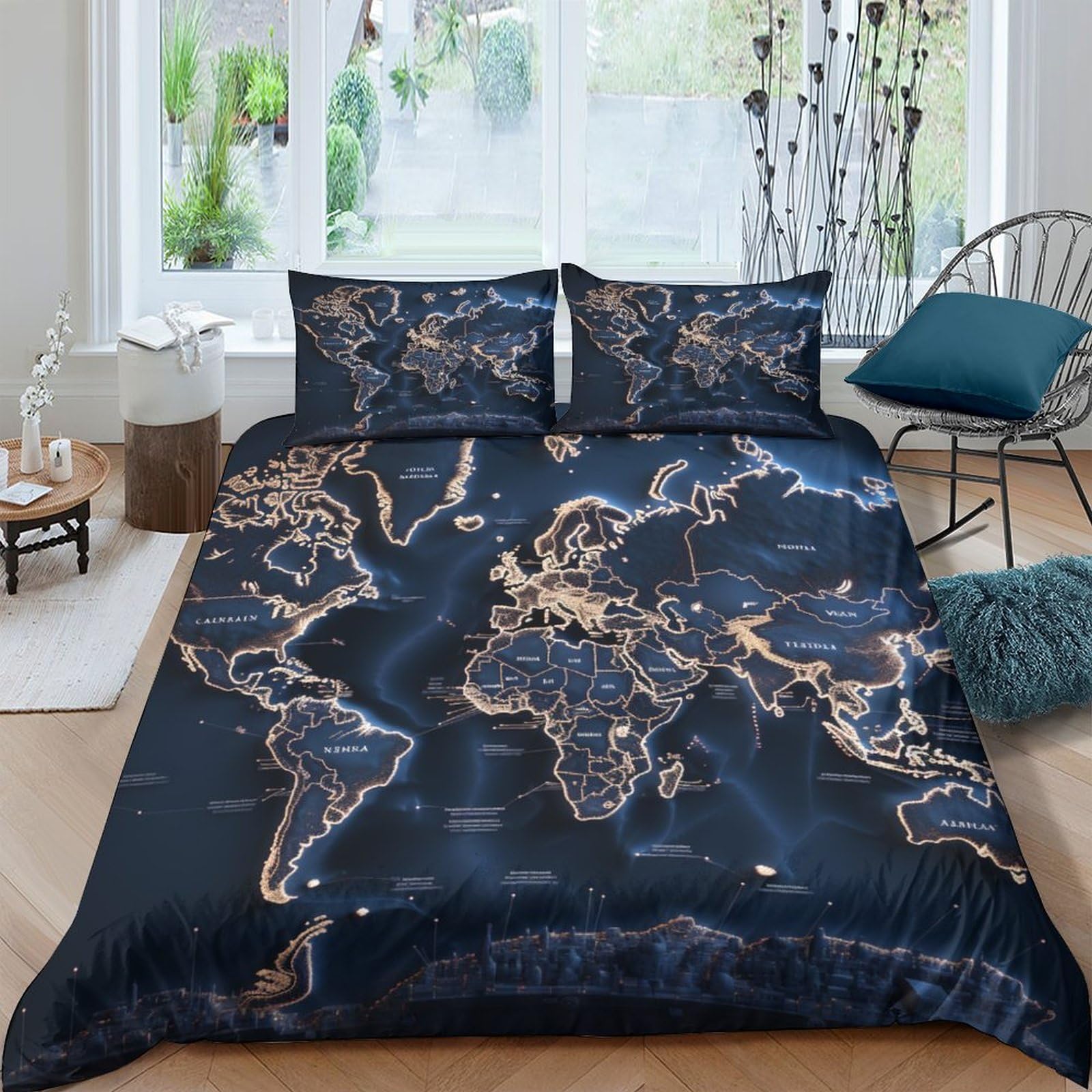 GPARSDDIO Map Duvet Cover Set 3 PCS Hotel Quality Quilt Cover Bedding Set Bed Covers with Pillowcases with Zipper Closure Ultra Soft Anti Allergic Microfiber Double（200x200cm）