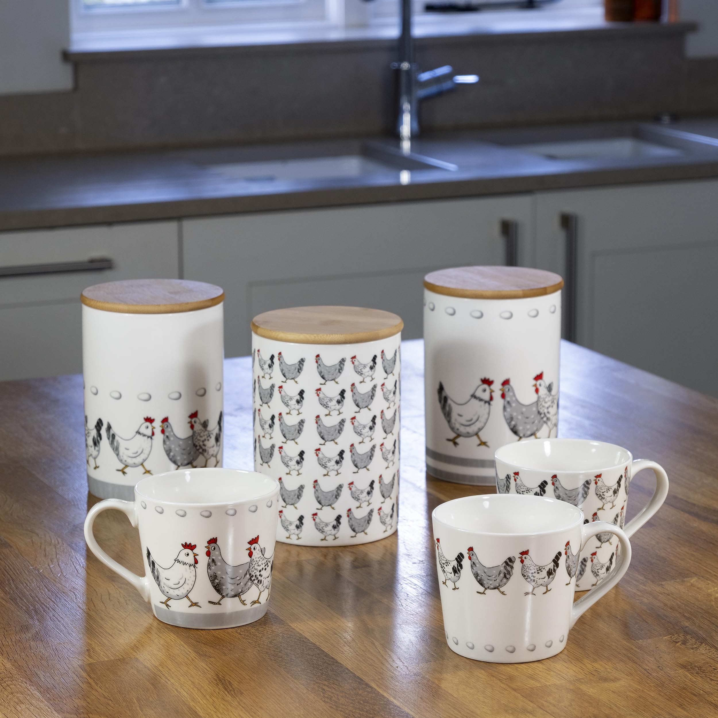 SPOTTED DOG GIFT COMPANY Juego de 3 Botes Cocina Almacenaje de Cerámica con Estampado de Gallinas, Recipientes Herméticos para Alimentos con Tapa, Regalo para Amantes Animales