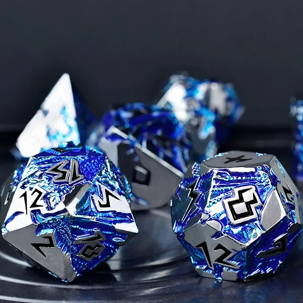 Dungeons and Dragons Dice Cool Blue Cool Dragon Design Large Weighted 7 die, Polyhedral DND Metal Dice Set, D&D Dice Set for RPG MTG Tabletop Game with D and D Dice Gifts Box-Silver Black