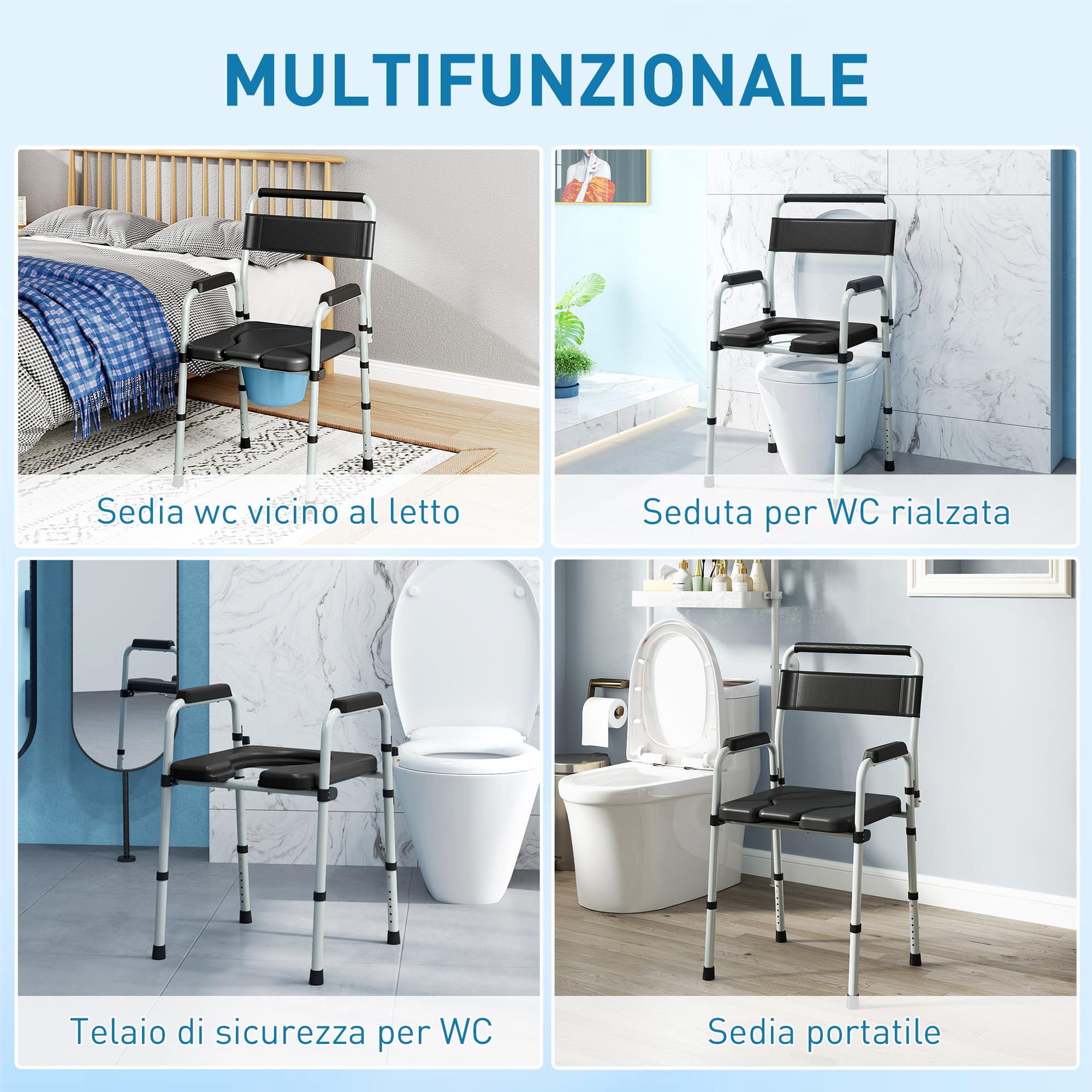 HOMCOM Sedia WC per Anziani Regolabile in Altezza su 7 Livelli 81.5-97cm con Secchio Rimovibile, Sedia Comoda WC Pieghevole con Braccioli e Schienale in Acciaio e Pelle PU, Capacità Peso 150 kg, Nero