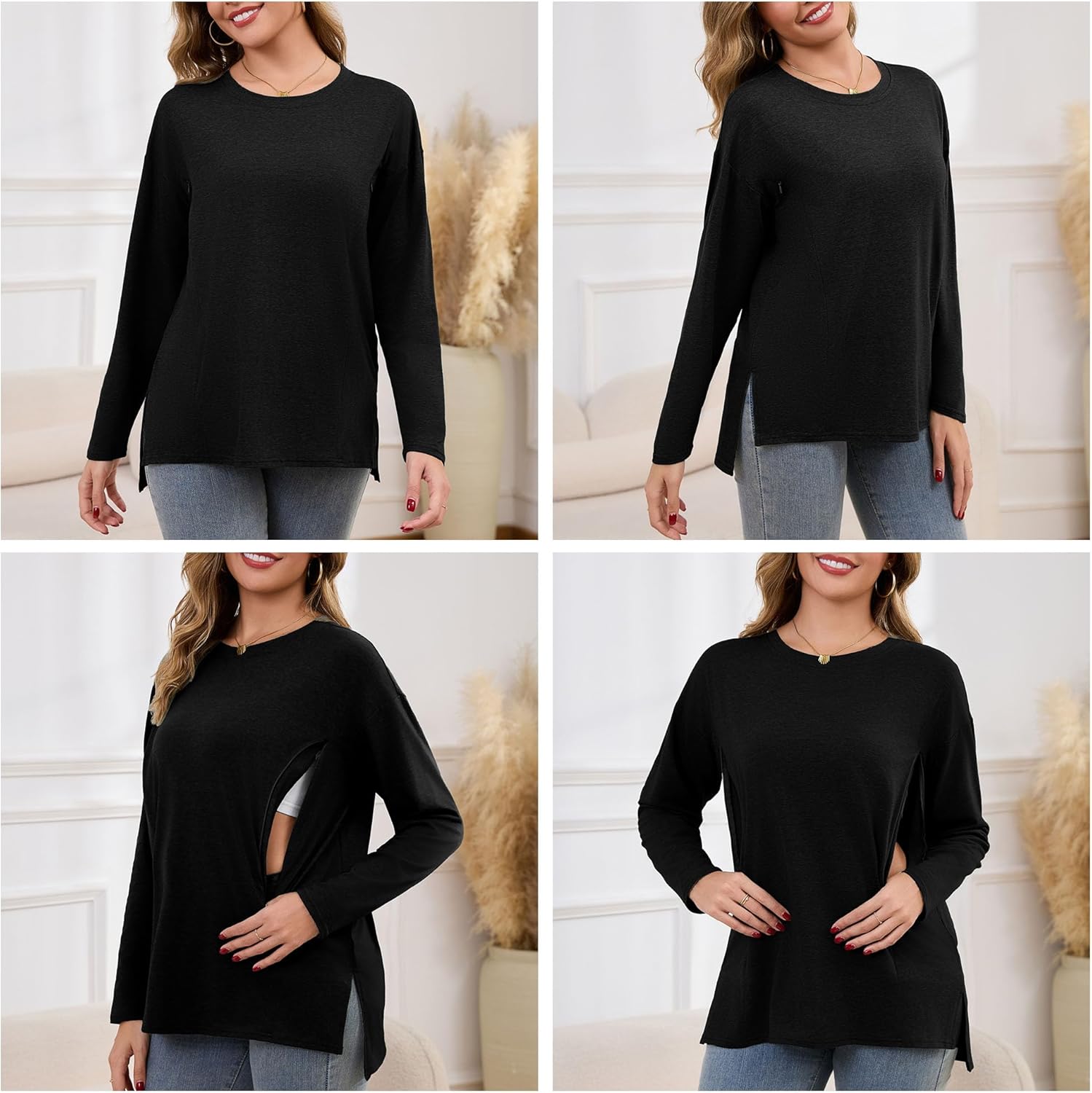 Women's Nursing Tops Long Sleeve Oversized 3 Pack Breastfeeding Shirts with Hidden Zipper Side Split Maternity Clothes - Image 3