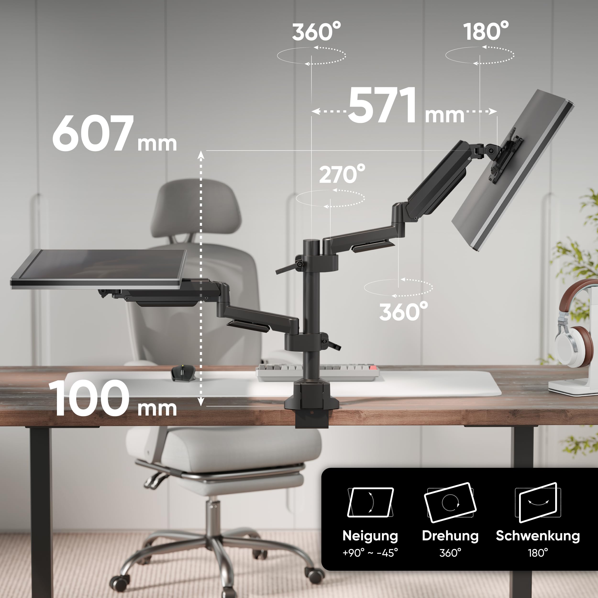 ONKRON Monitor Halterung 2 Monitore für 17-42 Zoll Bildschirme bis 15 kg pro Arm, dual Monitor Arm mit Gasdruckfeder, Monitorhalterung VESA 75x75-100x100, Tischhalterung verstellbar Schwarz G140-B