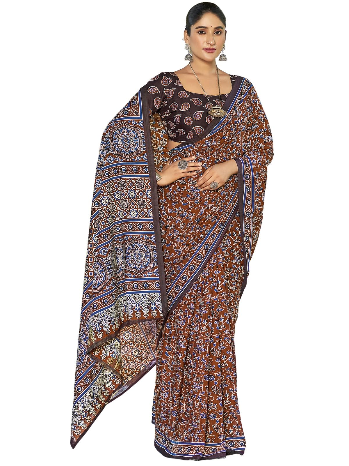 Satrani Women's Pure Cotton Printed Saree With Unstitched Blouse Piece (4228S144N_Brown & Grey & Multi)