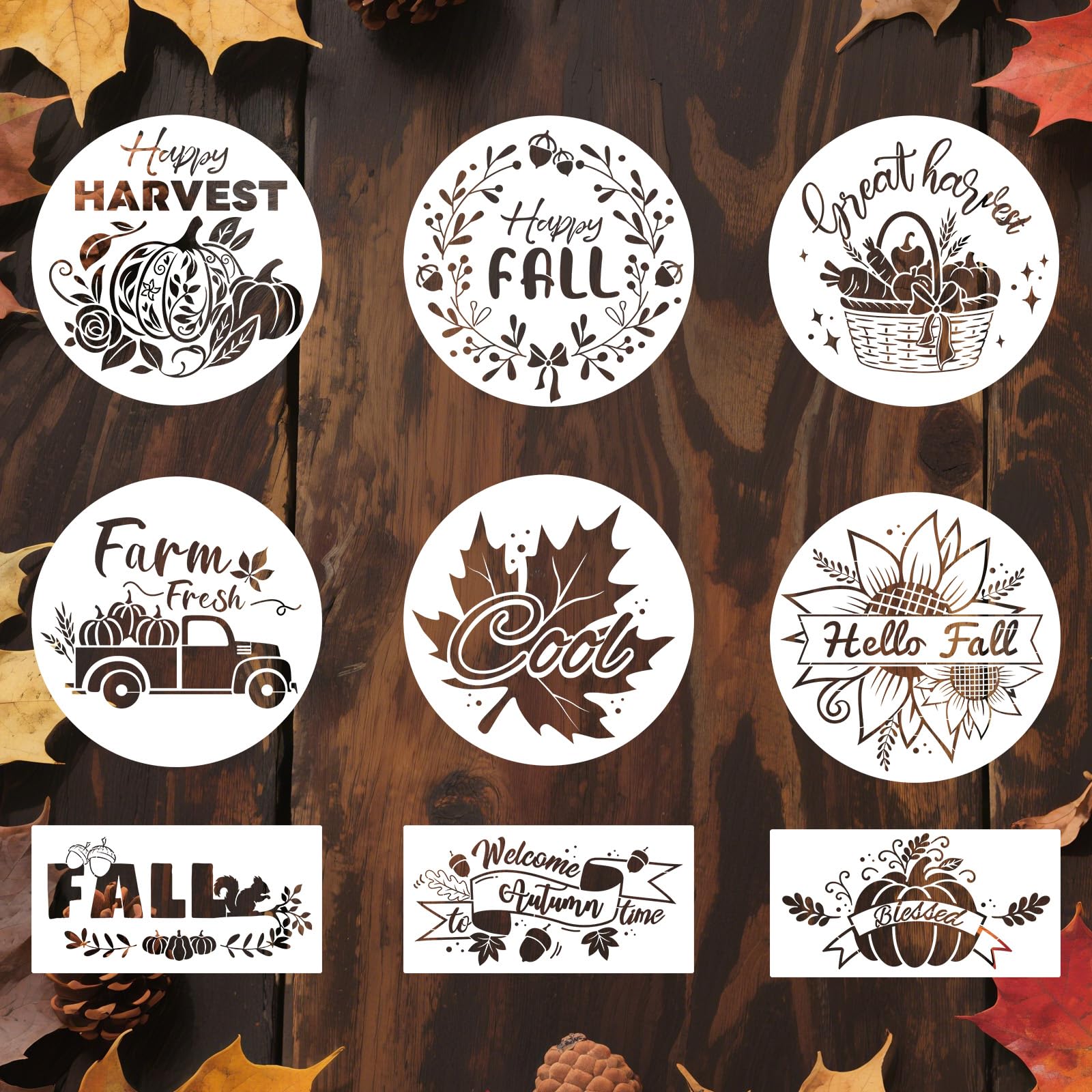 9pcs Fall Stencils for Painting Autumn Thanksgiving Pumpkin Truck Maple Leaf Drawing Templates Reusable DIY Craft Stencils for Wood Door Mat Canvas Fabric Wall Supplies Decor (2 Sizes)