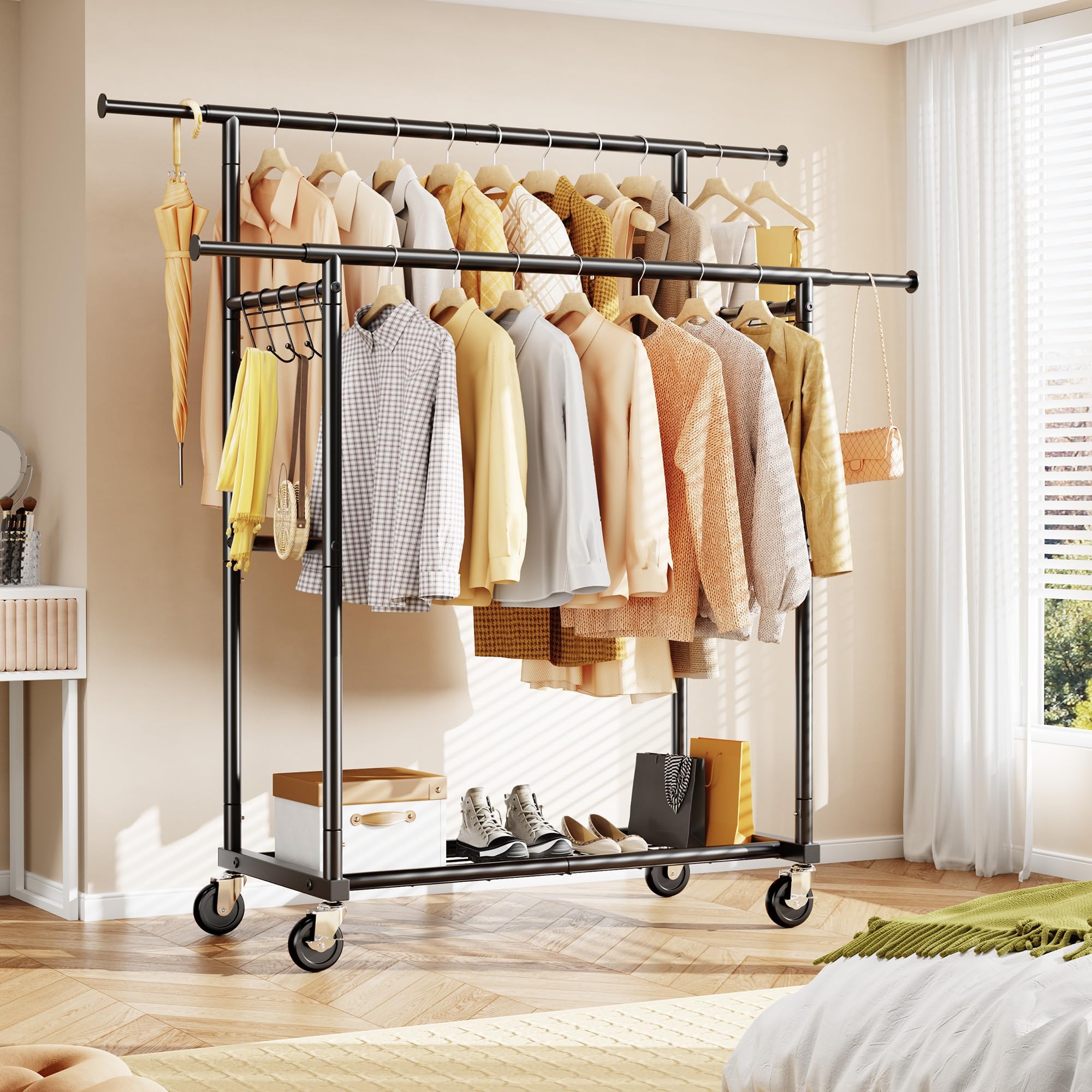 HOKEEPER - Perchero de doble barra, resistente, capacidad de 204 kg con ruedas y estantes, perchero portátil para dormitorio, lavandería, abrigos y prendas, color negro