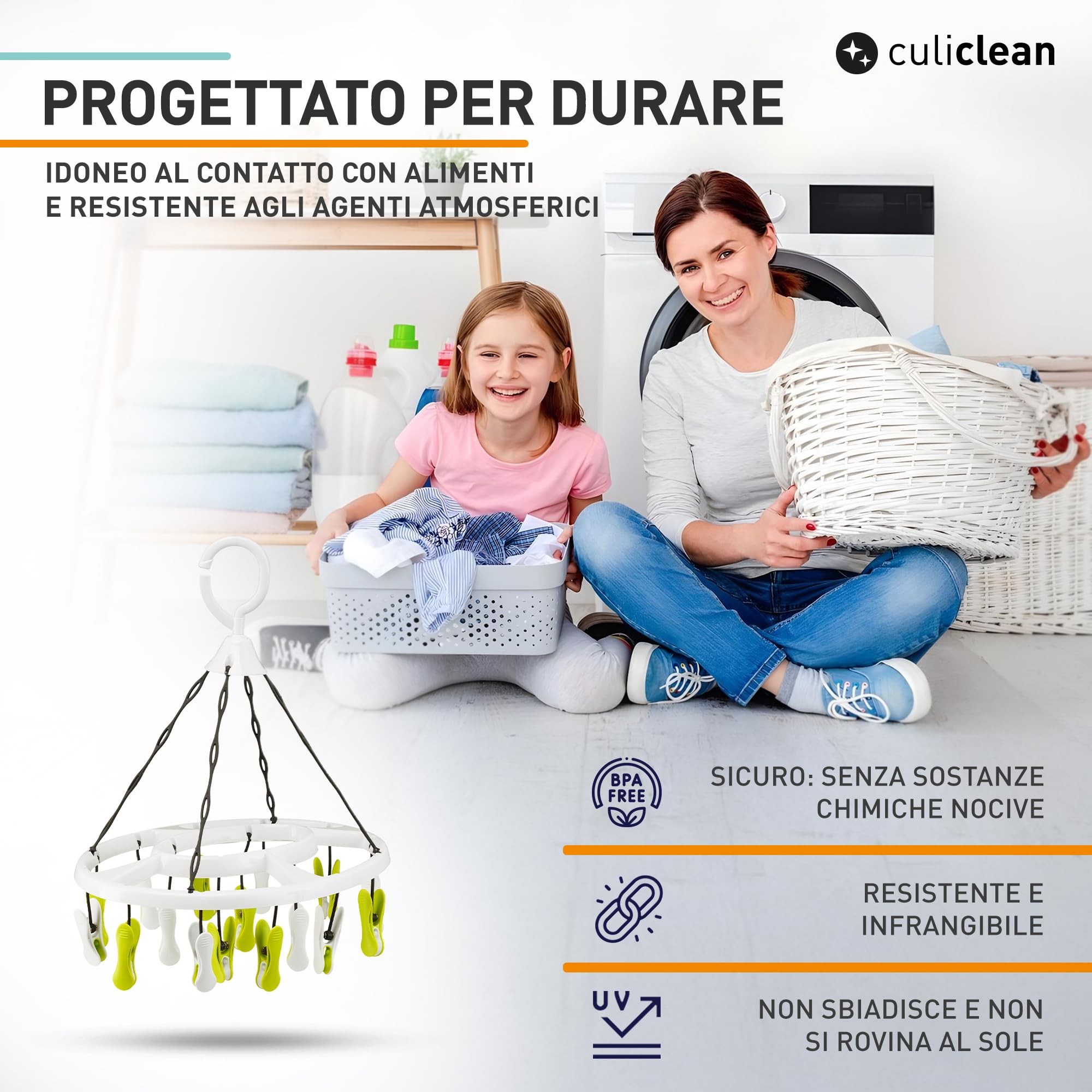 culiclean Stendibiancheria Pieghevole con 16 Mollette – Stendino Salvaspazio – Stendi Calzini da Appendere – 1 Pezzo – bianco con blu-gialla-verde-rosa