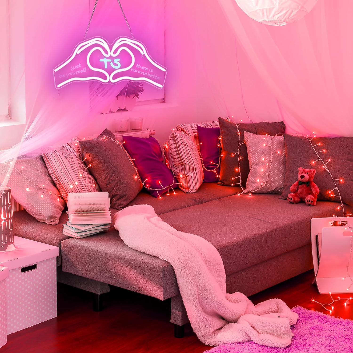 Heart Hands Neon Sign Light, Pink Neon Light Signs for Wall Decor Aesthetic, Dimmable and USB Powered Led Light for Girls Room, Bedroom, Living Room, Wedding Birthday Party Decor 15.7"