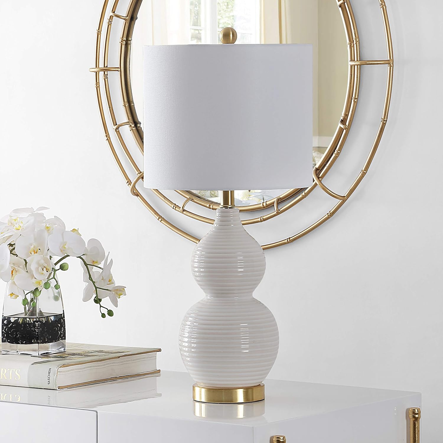 SAFAVIEH Lighting Collection Emery Modern Contemporary Ivory Mosaic Double Gourd 25-inch Bedroom Living Room Home Office Desk Nightstand Table Lamp (LED Bulb Included)