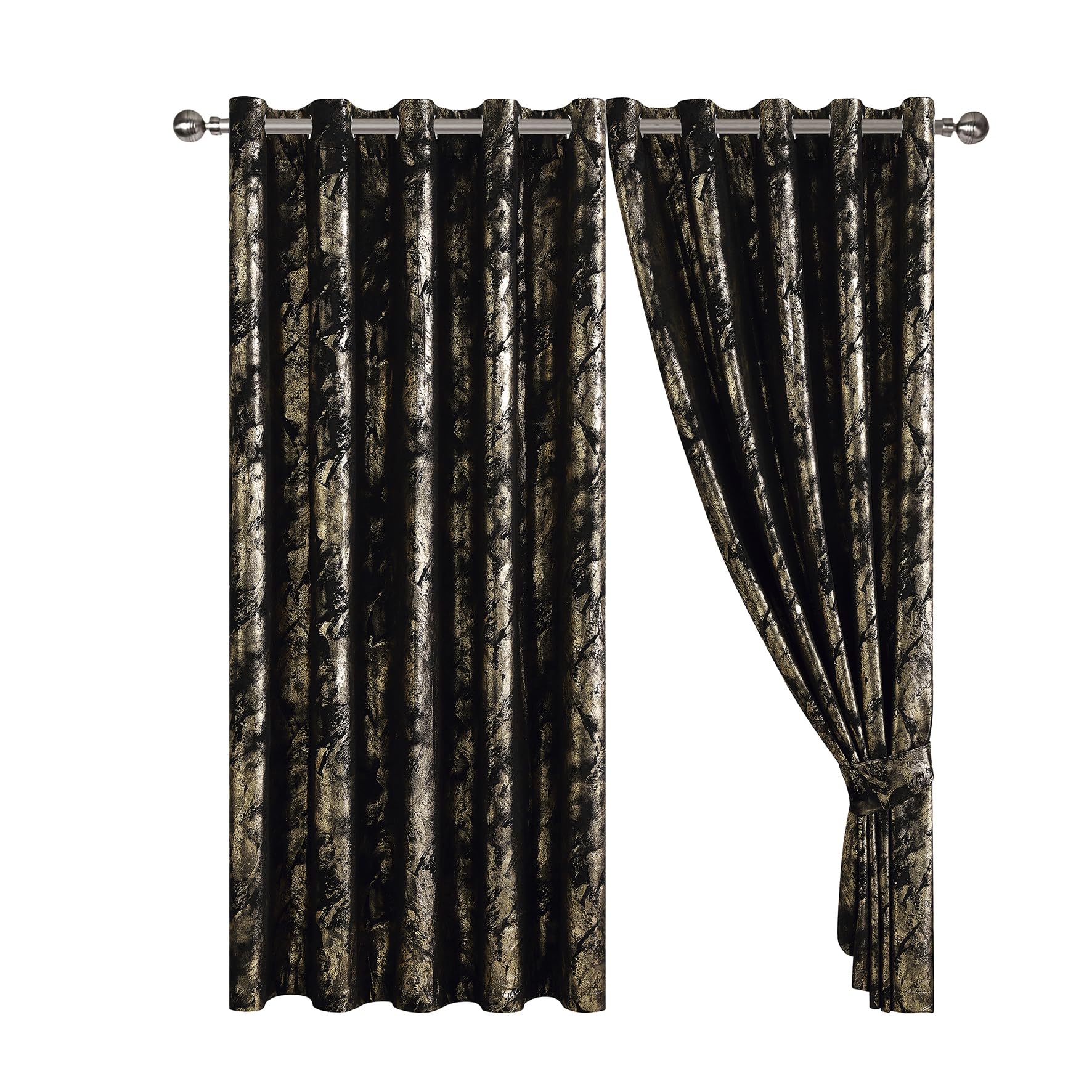 Abstract Metallic Marbled Velvet Curtain Pair - Heavyweight with Foil Print - Room Darkening Eyelet - Fully Lined for Thermal Insulation - Includes Two Tiebacks (Black, 66" x 72" (167 x 183 cm))