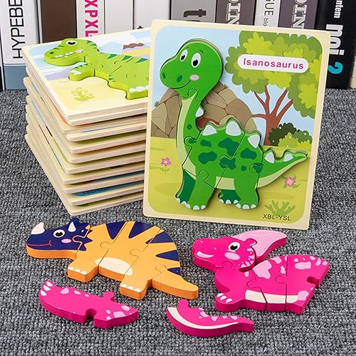 Miniatura 7 de Juego de 6 rompecabezas para niños, rompecabezas de madera de dinosaurio para niños pequeños de 3 años en adelante, juguetes educativos para niños y