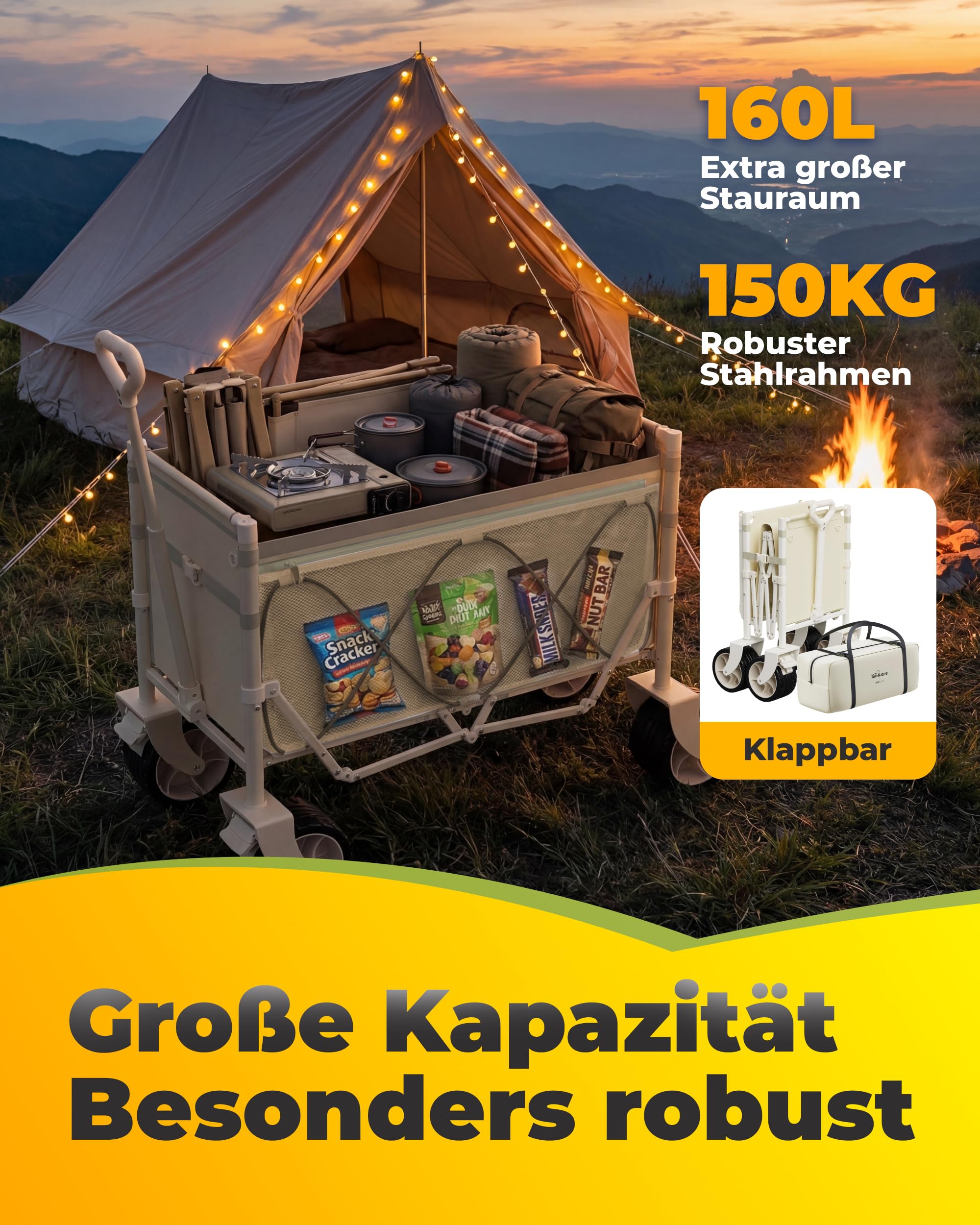 Join Nature 3-in-1 Bollerwagen Faltbar mit Camping-Tischplatte & Sonnendach, Faltbarer Bollerwagen 160L, Breite Reifen Strandwagen Klappbar für Alle Gelände Camping, Hunde, Strand, Transport