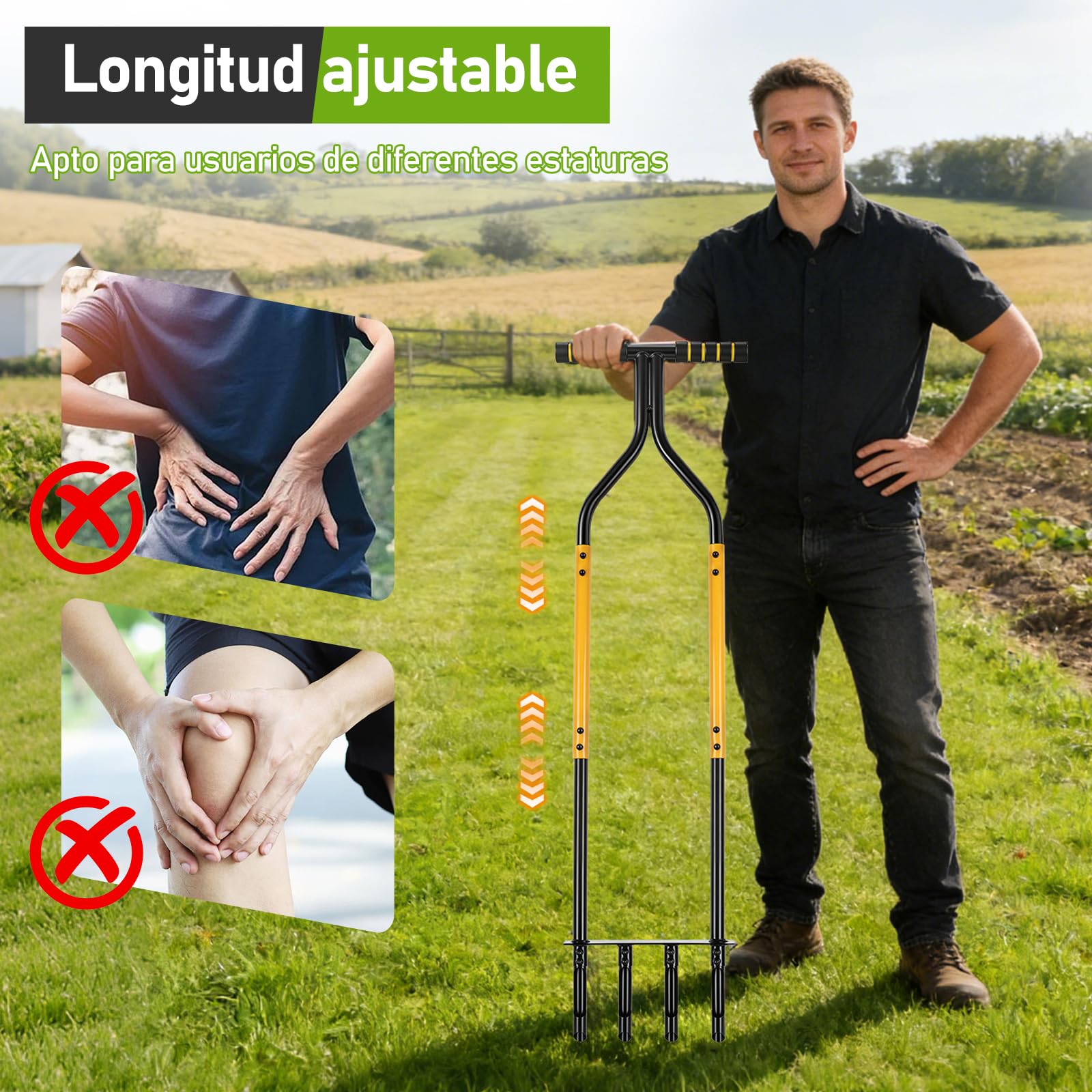 Knie-freundlich Rasenlüfter, Aerifizierer für Rasen mit 4 Hohlspoon, Höhenverstellbar T-Griff Rasenbelüfter für Verdichtete Böden Rasenpflege